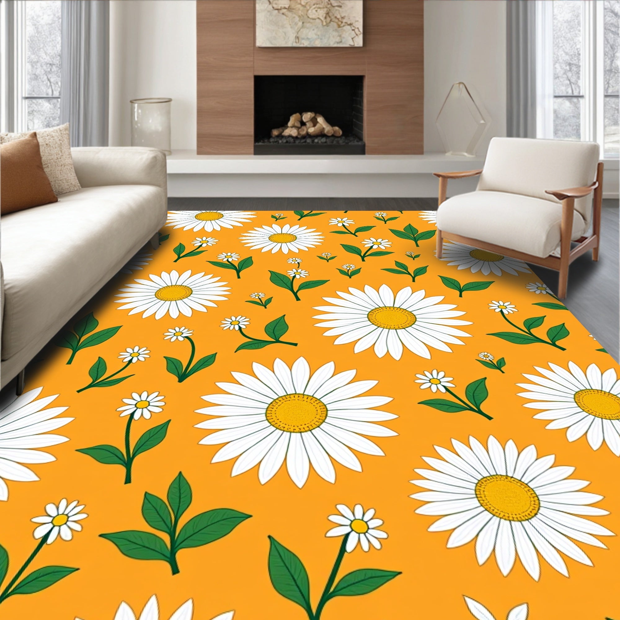 Golden Orange Daisy Pattern Rug