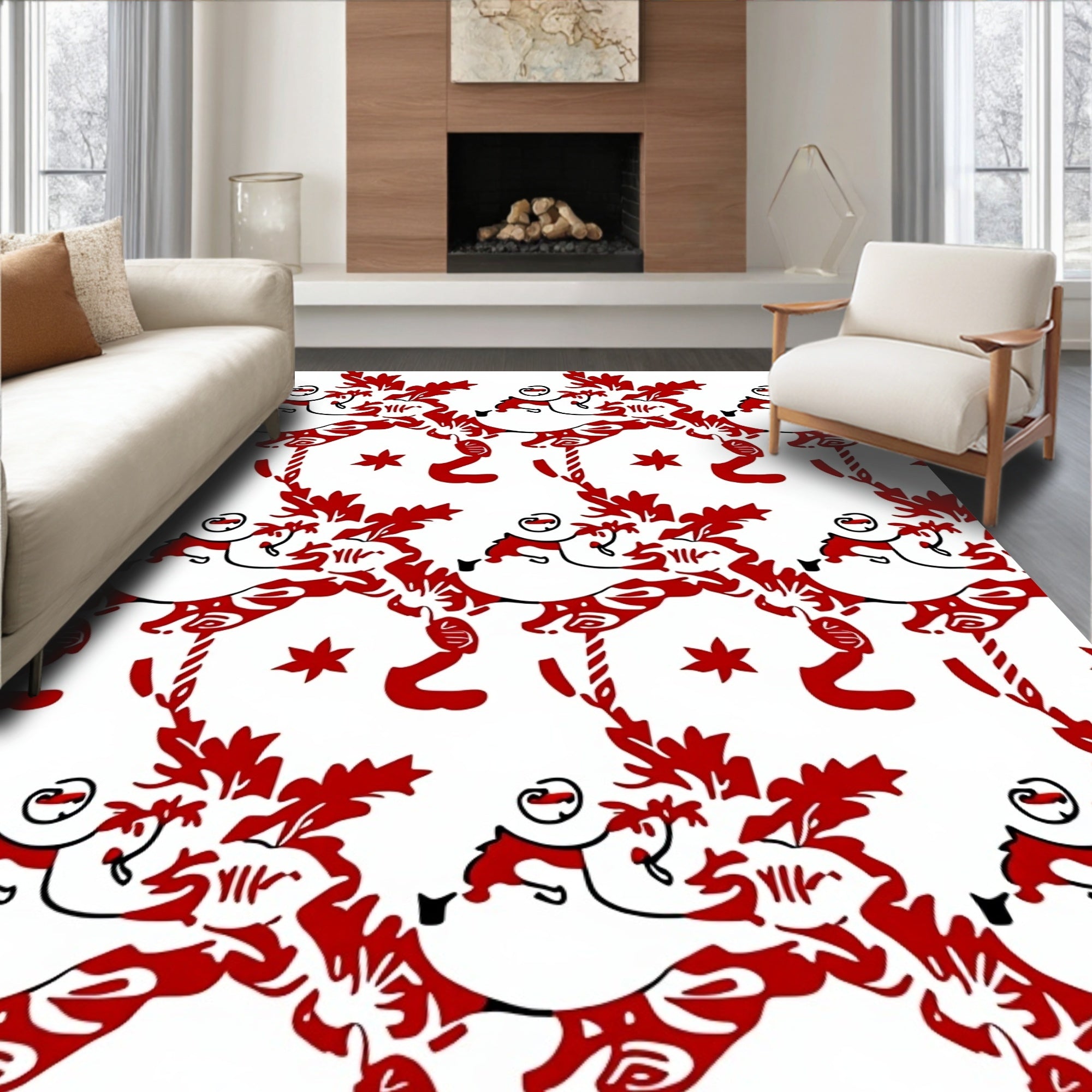 Bold Scarlet Leaf Scroll Decoration Rug