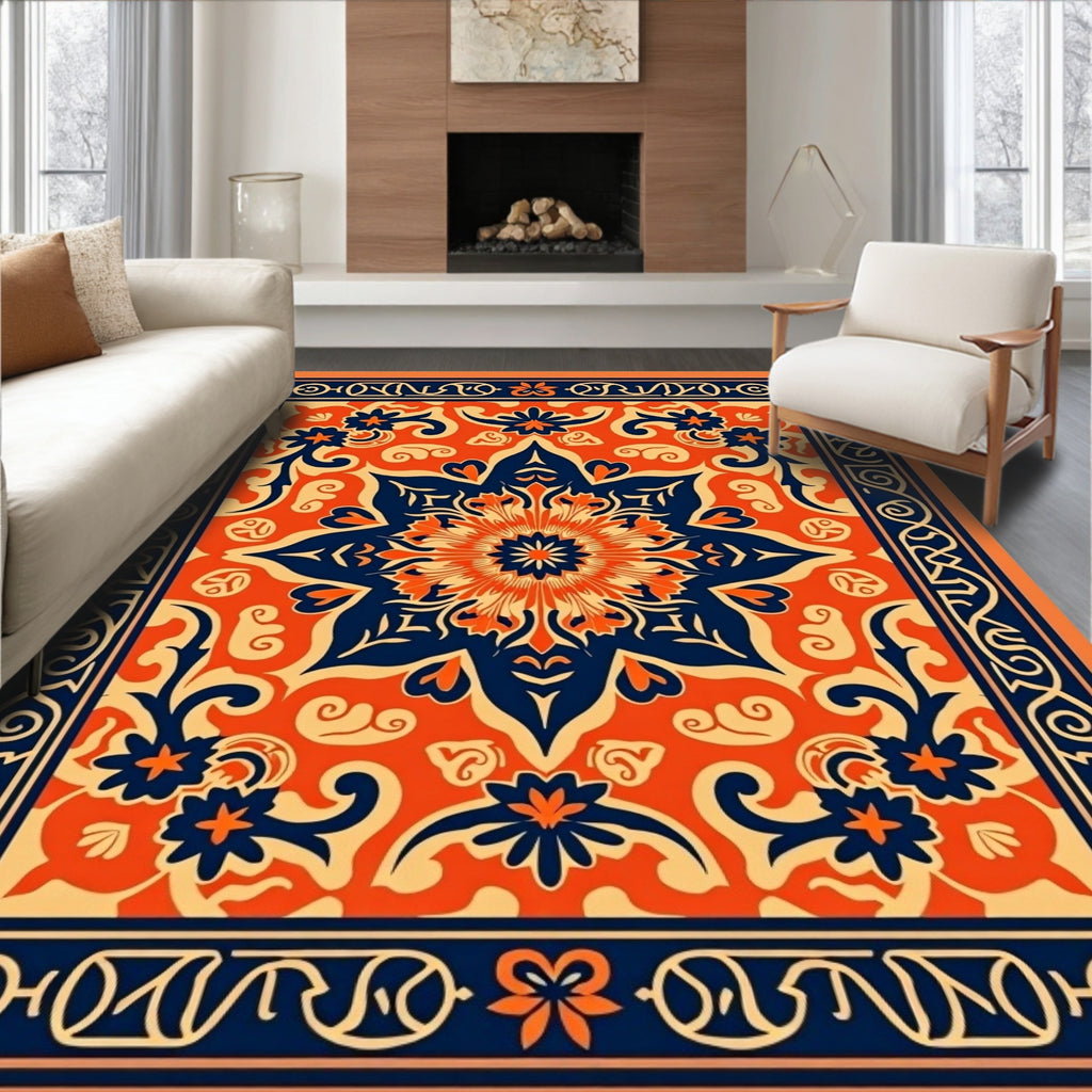 Bold Orange Navy Floral Medallion Pattern Rug