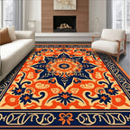 Bold Orange Navy Floral Medallion Pattern Rug
