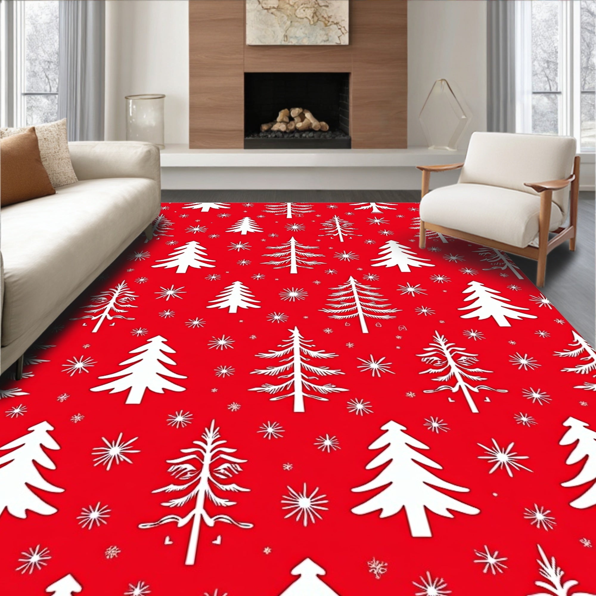 Red Snow Tree Pattern Rug