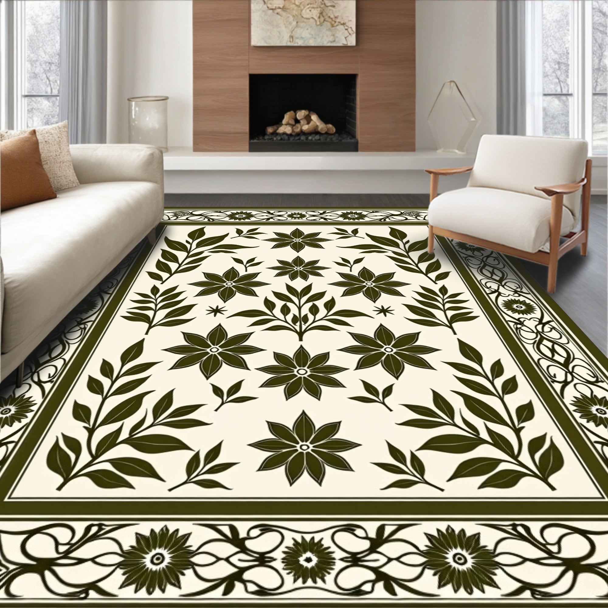 Dark Green Floral Patterned Textile Rug