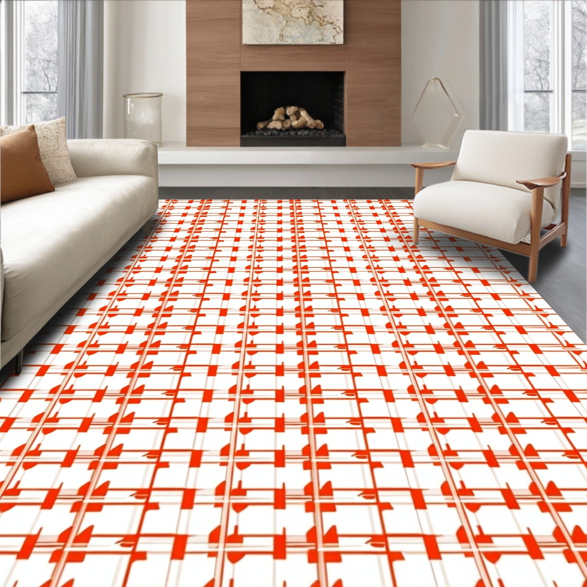 Modern Red Grid Pattern Rug