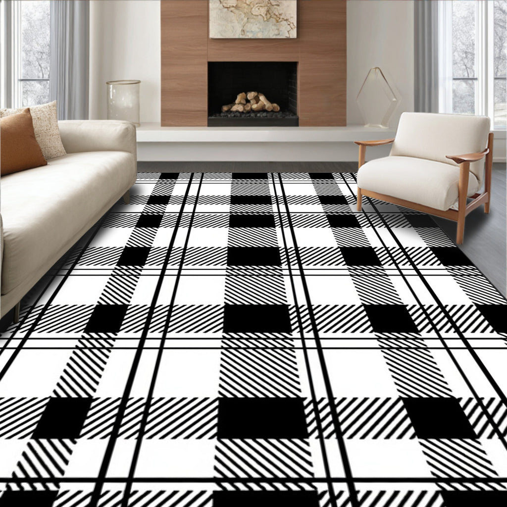 Classic Black White Plaid Check Rug