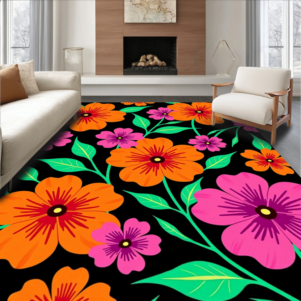 Vibrant Pink Orange Floral Black Background Rug