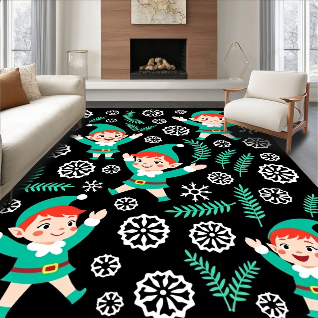 Cute Christmas Elves Snowflake Winter Rug