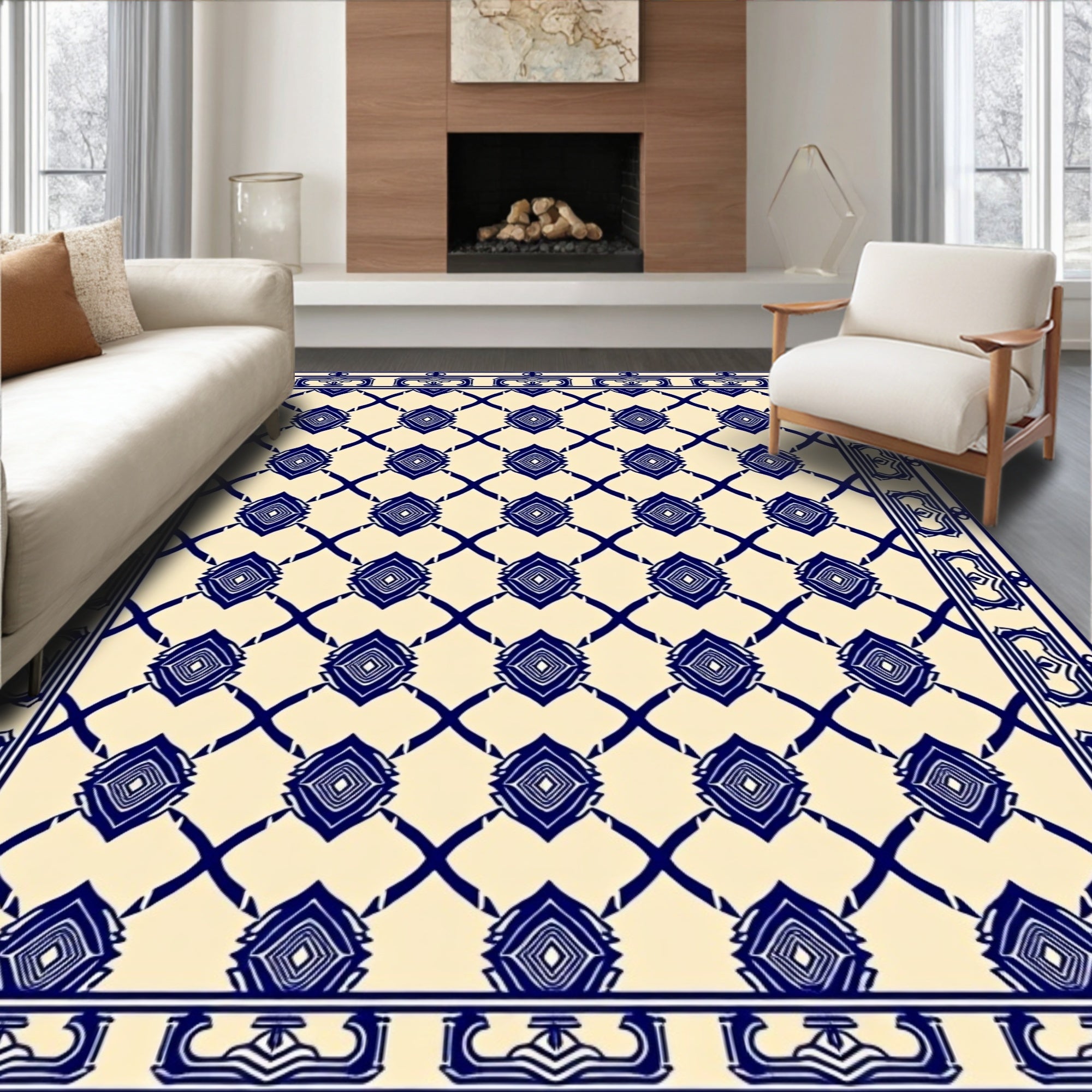 Classic Blue Beige Diamond Pattern Rug