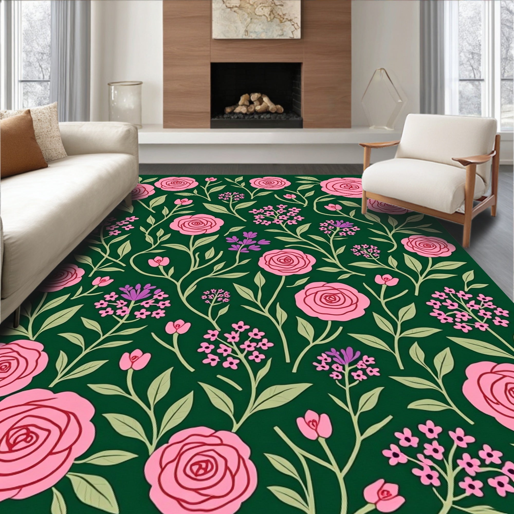 Pink Roses Greenery Floral Pattern Rug