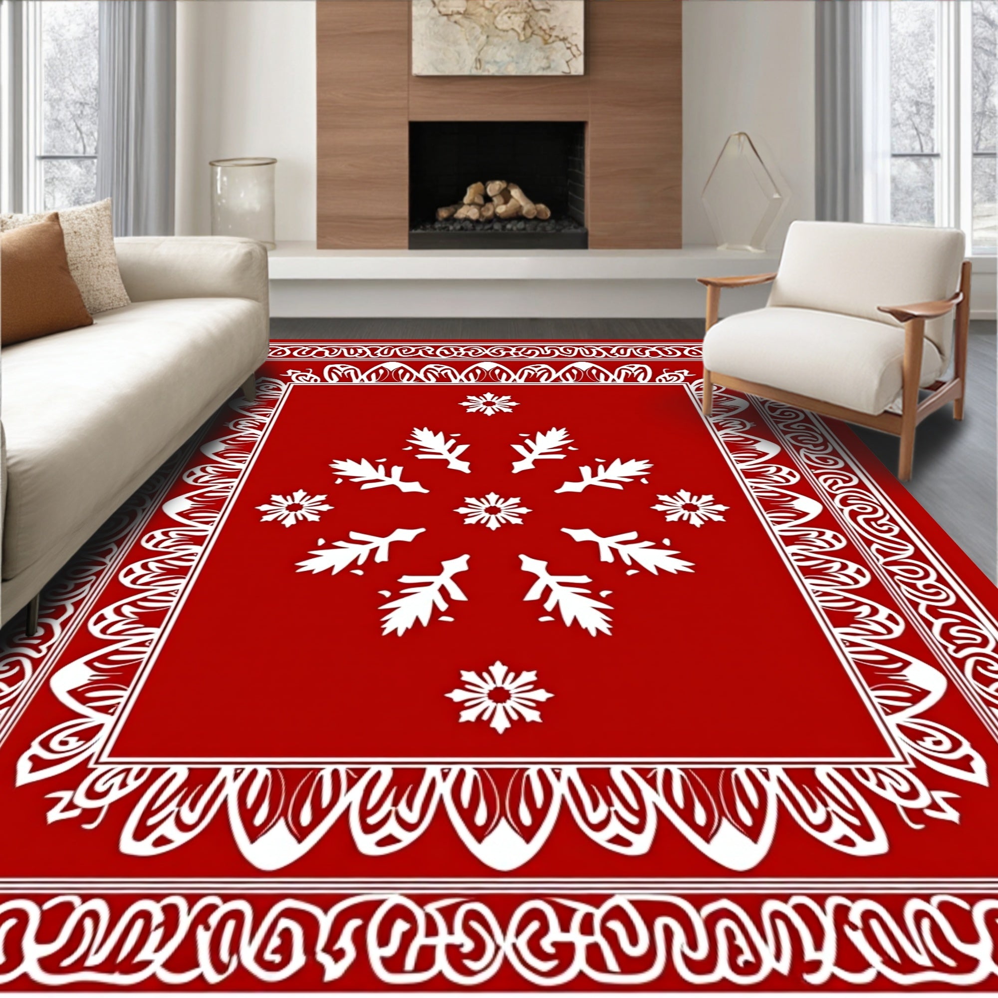 Red White Intricate Floral Medallion Design Rug