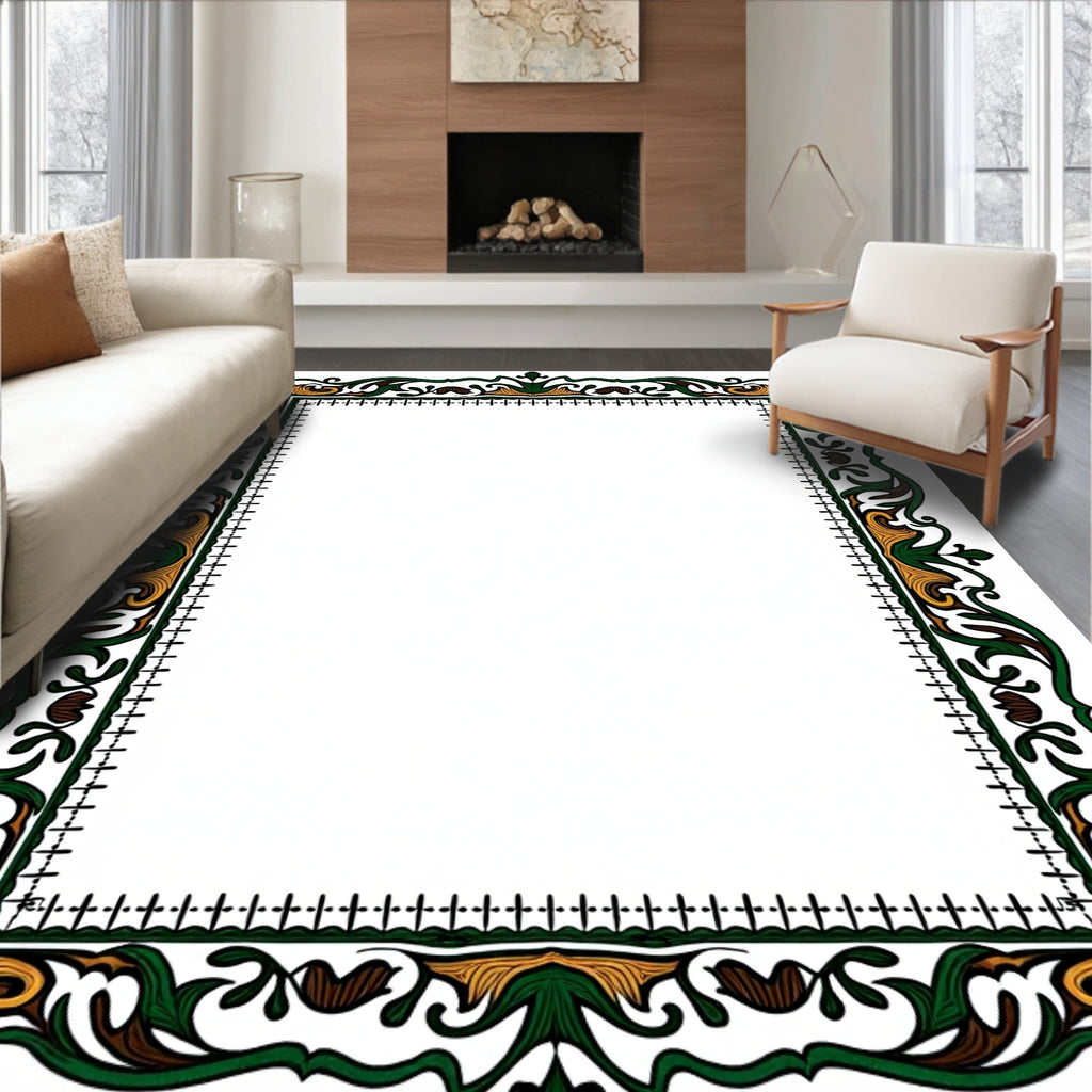 Ornate Green Gold Floral Pattern Rug