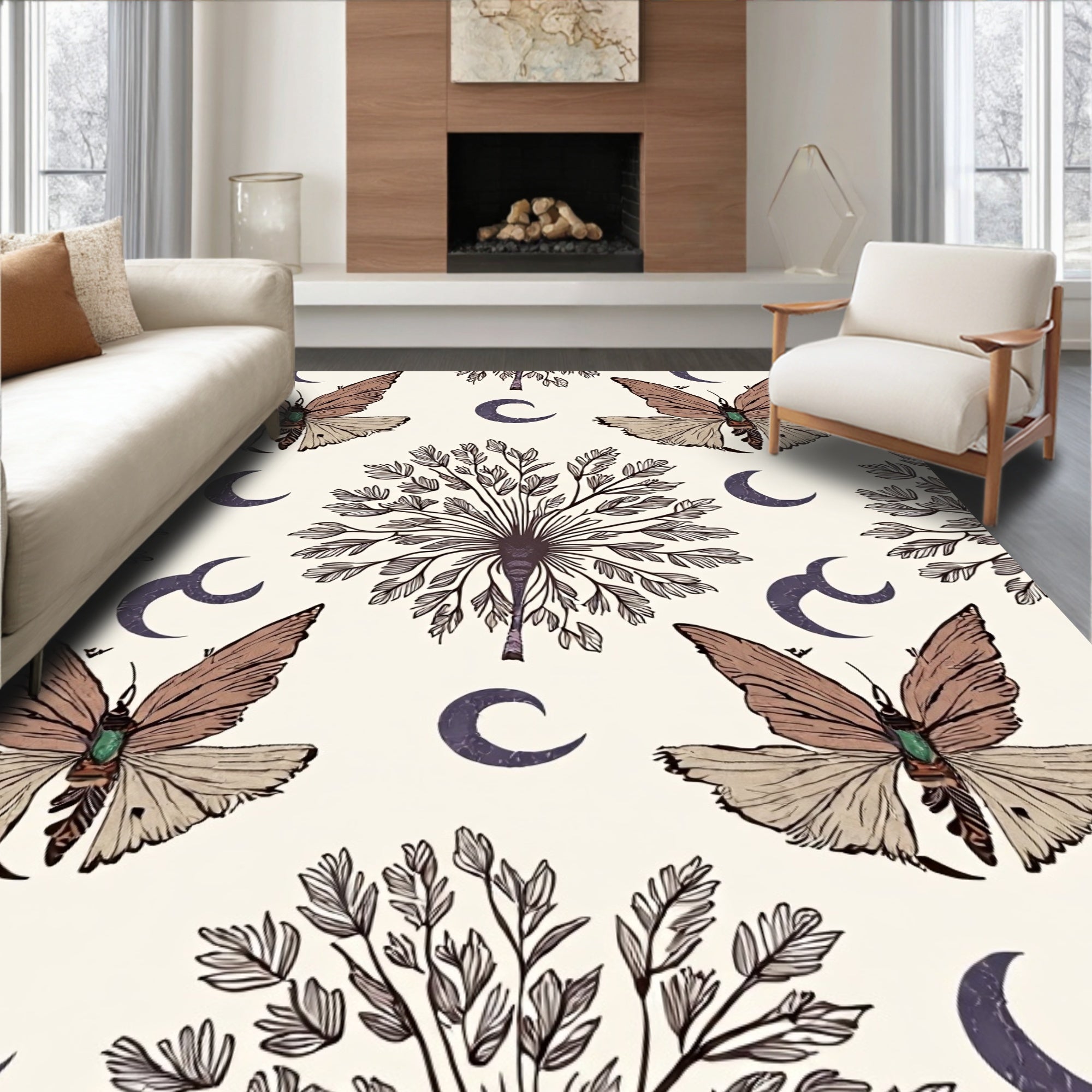 Moth Moonlight Tree Floral Design Rug