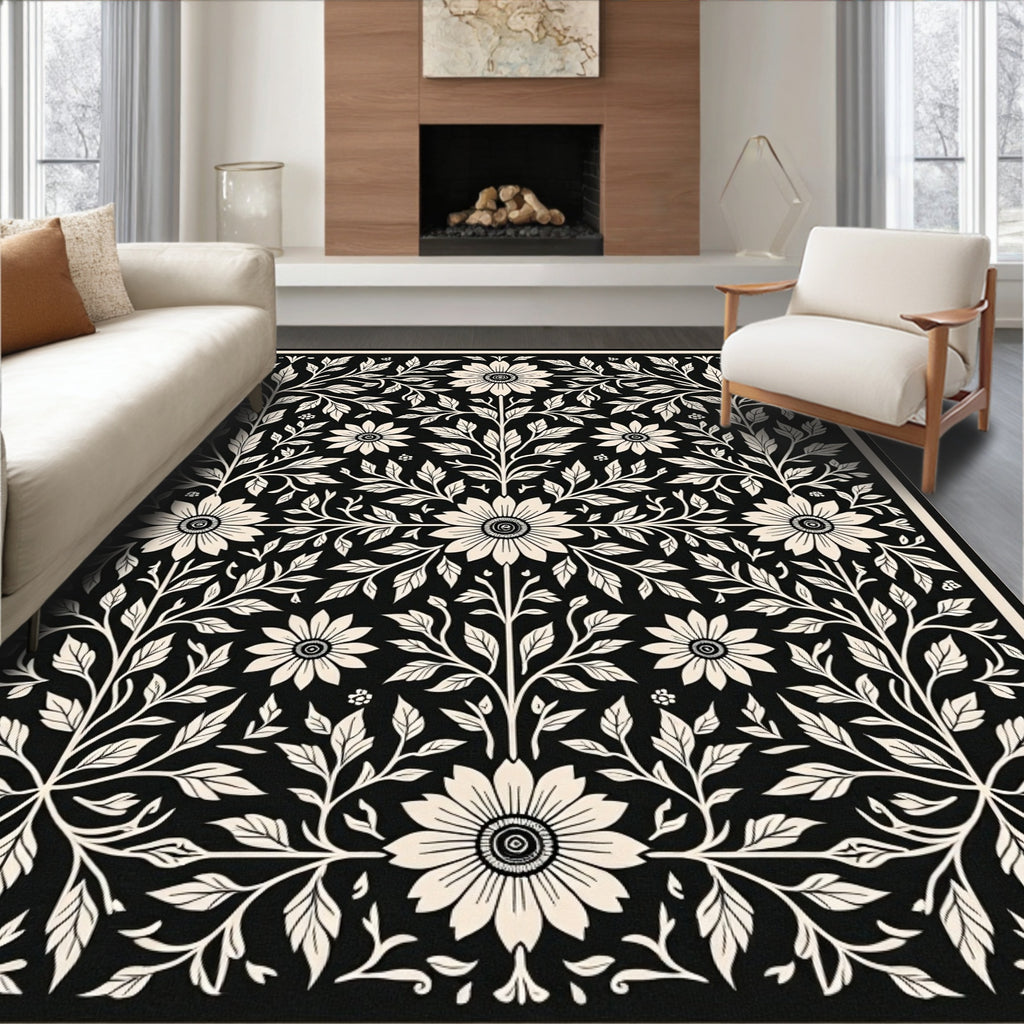 Black Floral Botanical Pattern Design Rug