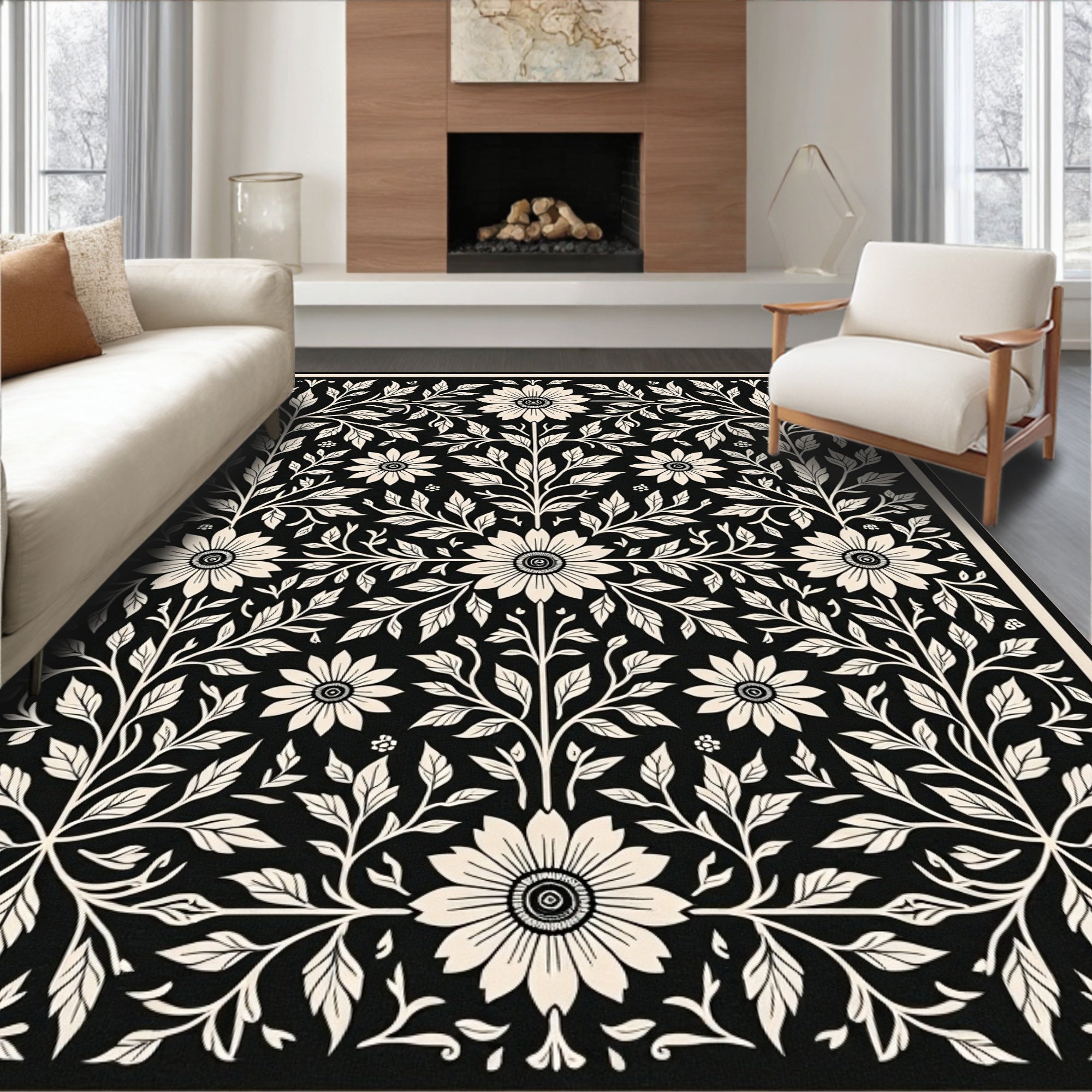 Black Floral Botanical Pattern Design Rug
