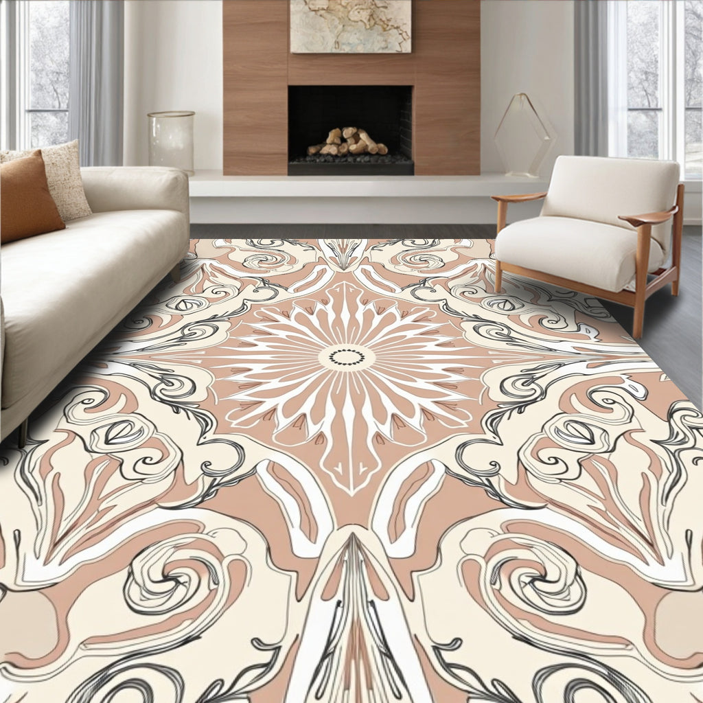 Pale Nude Floral Outline Mandala Design Rug