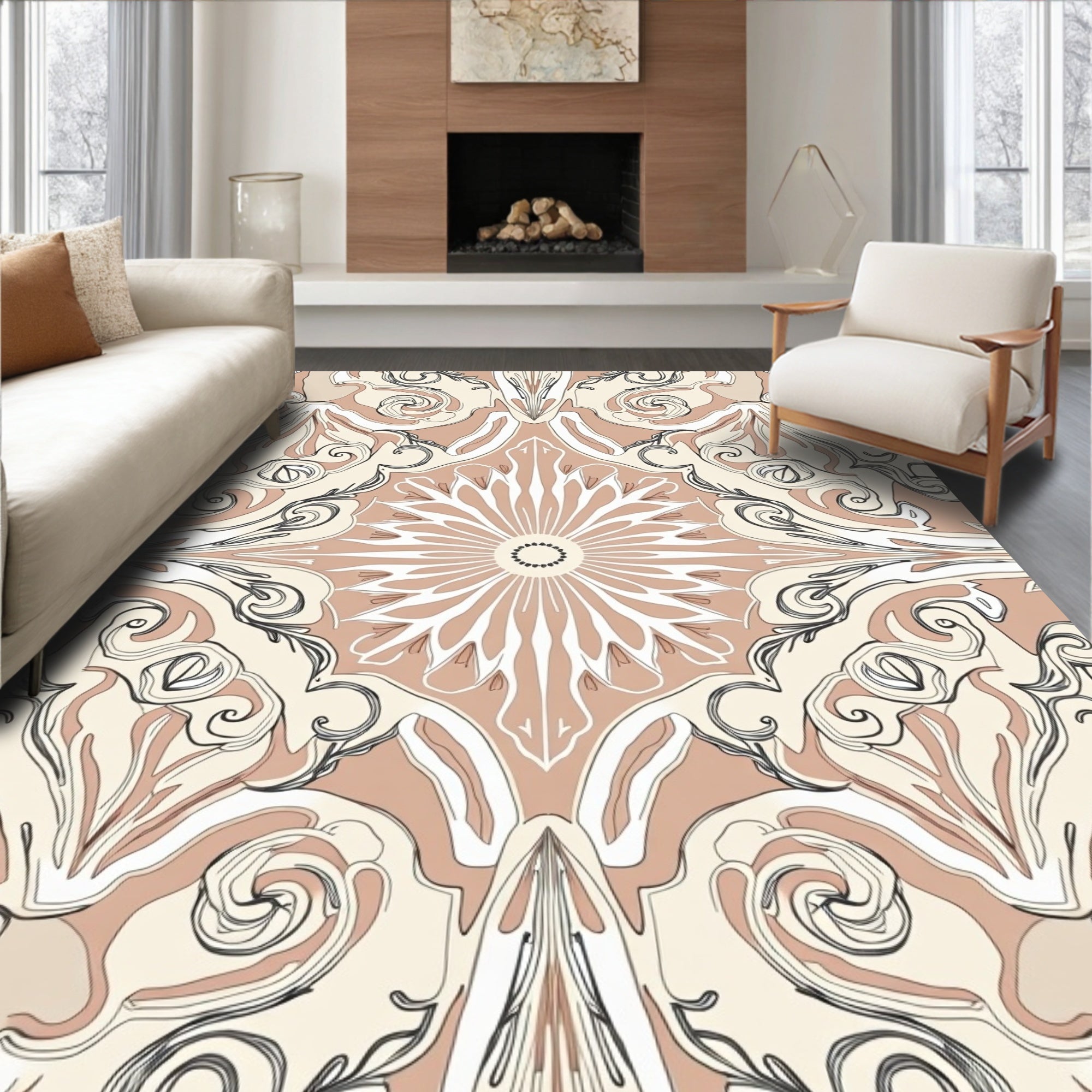 Pale Nude Floral Outline Mandala Design Rug