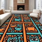 Orange Teal Cats Owls Pattern Rug