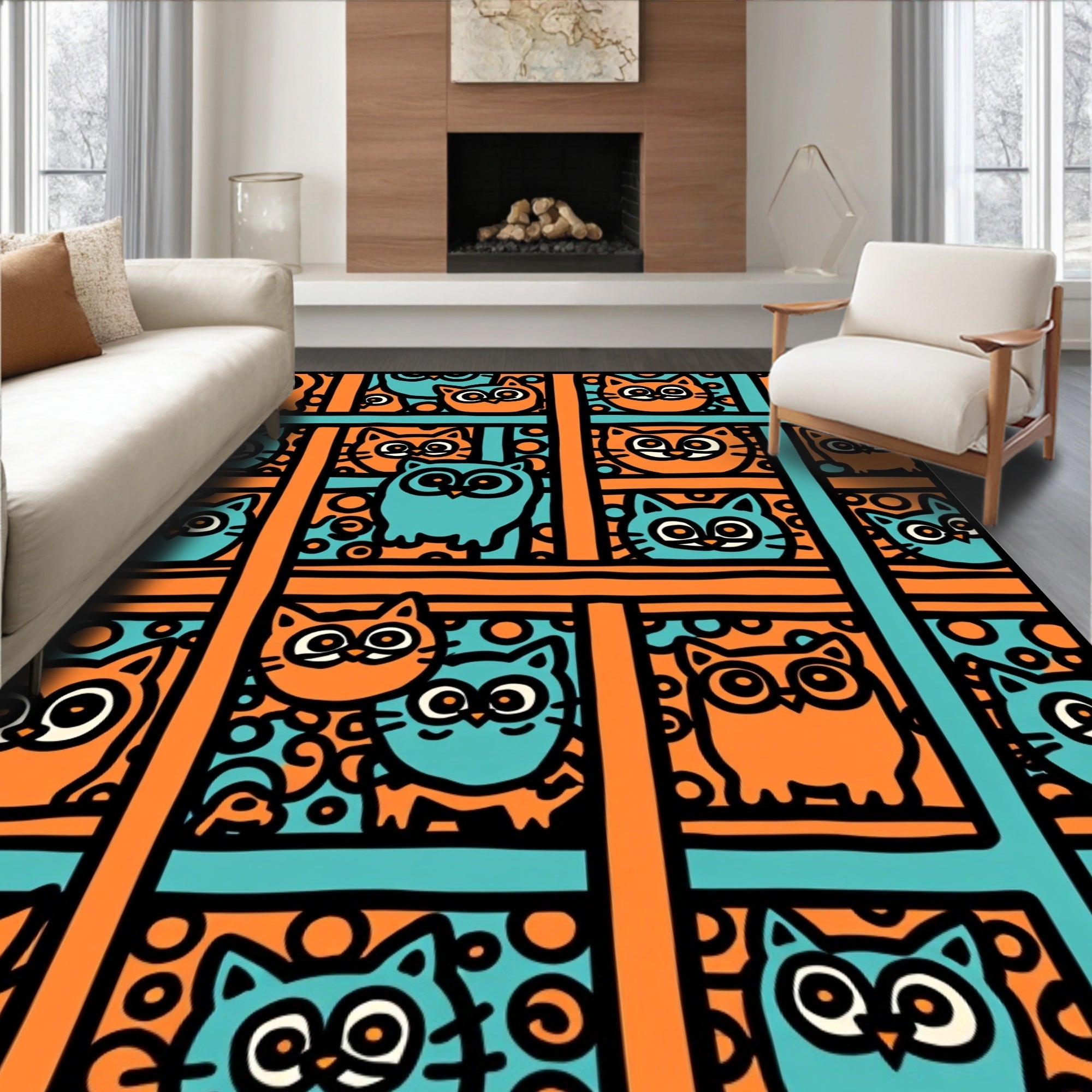 Orange Teal Cats Owls Pattern Rug