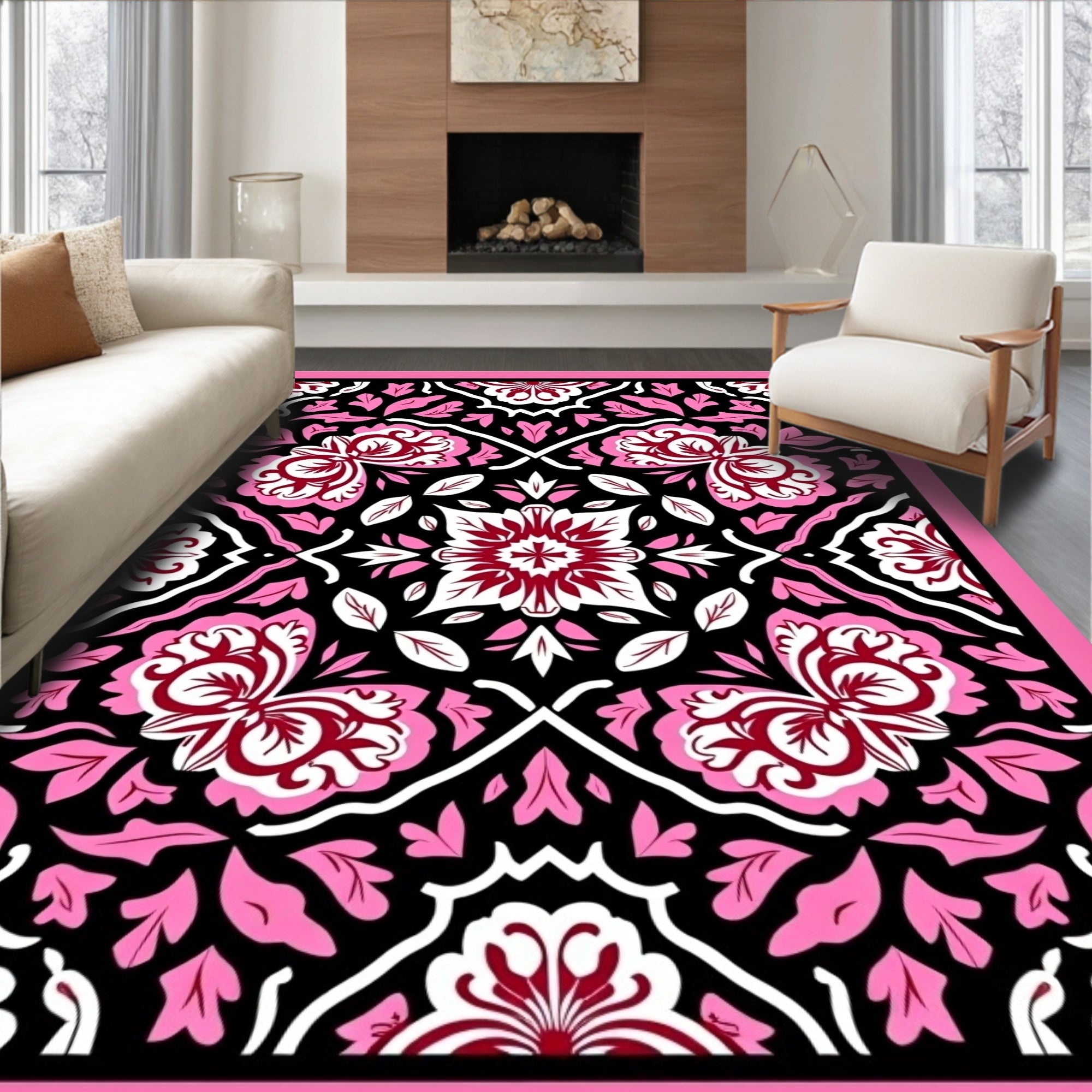 Pink Maroon Floral Symmetry Rug