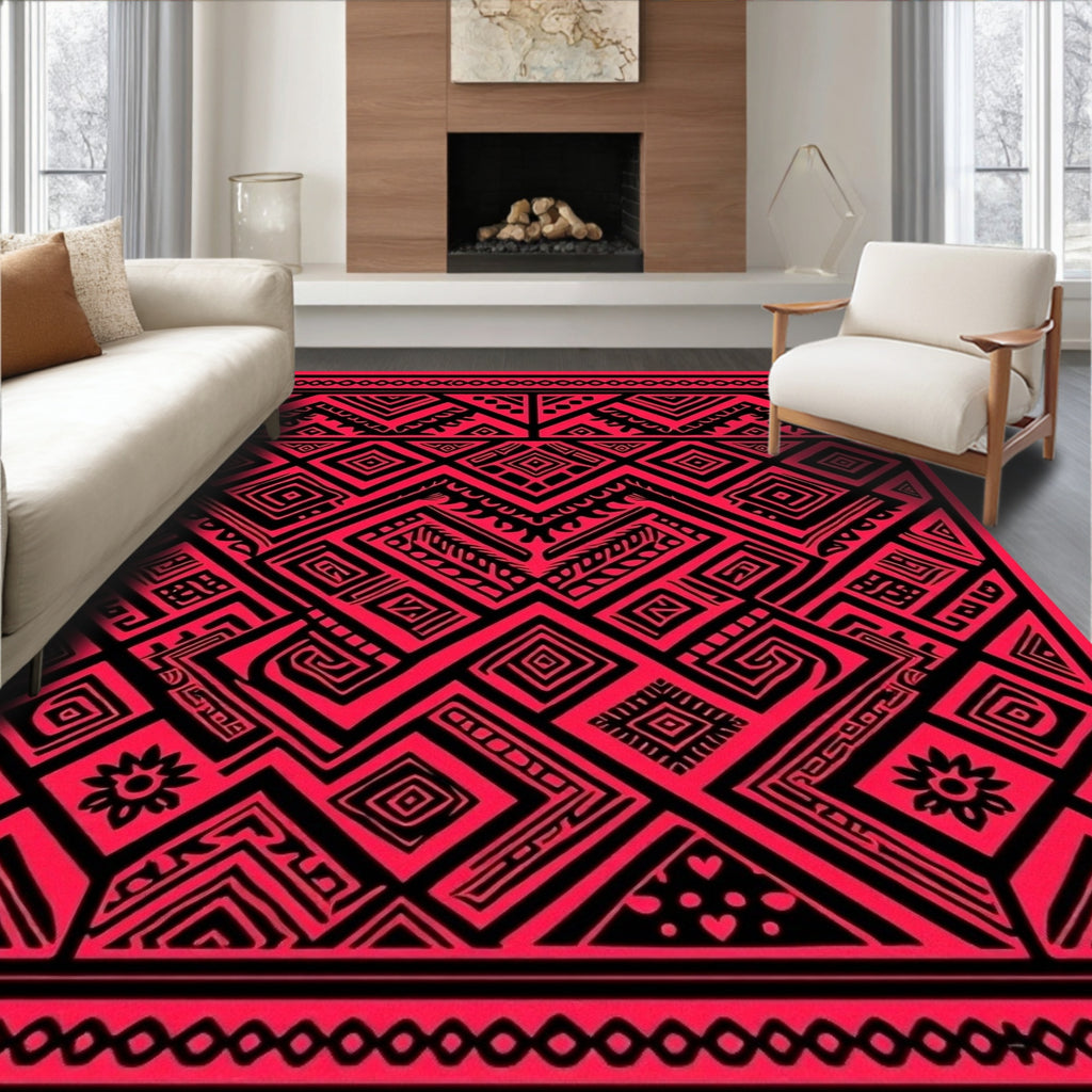 Bold Red Black Geometric Aztec Design Rug