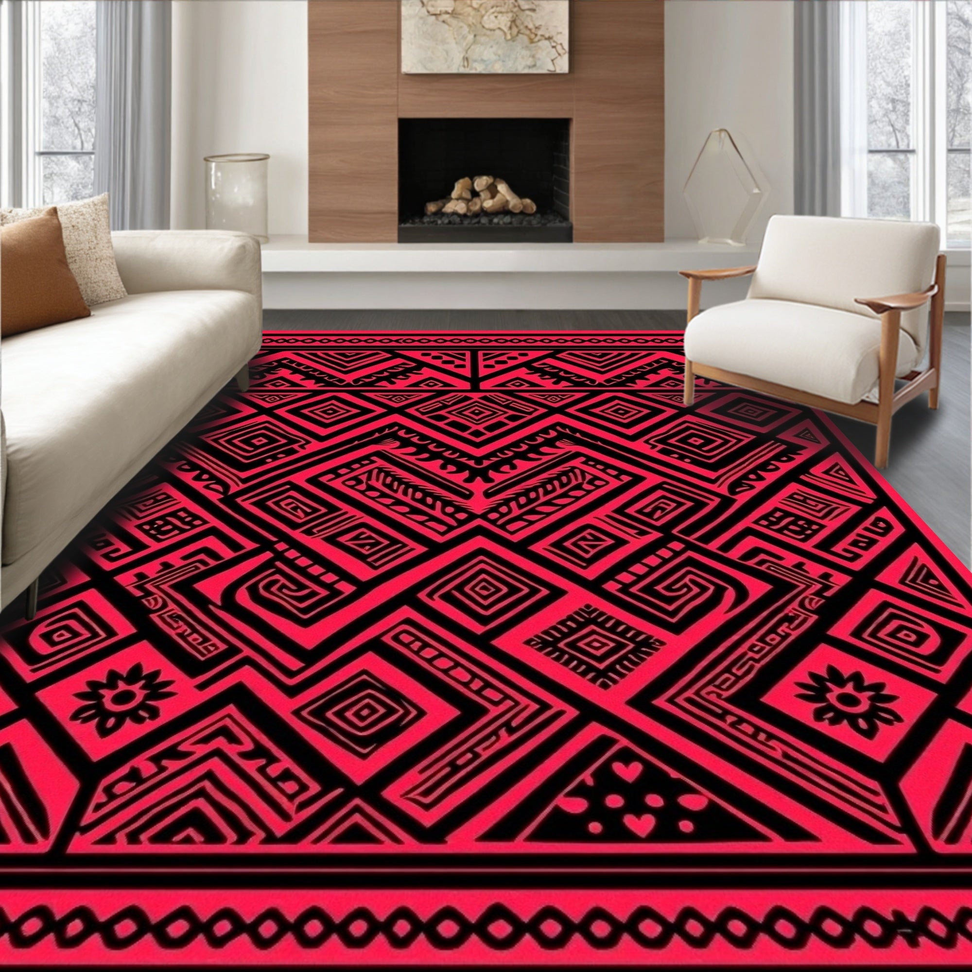 Bold Red Black Geometric Aztec Design Rug