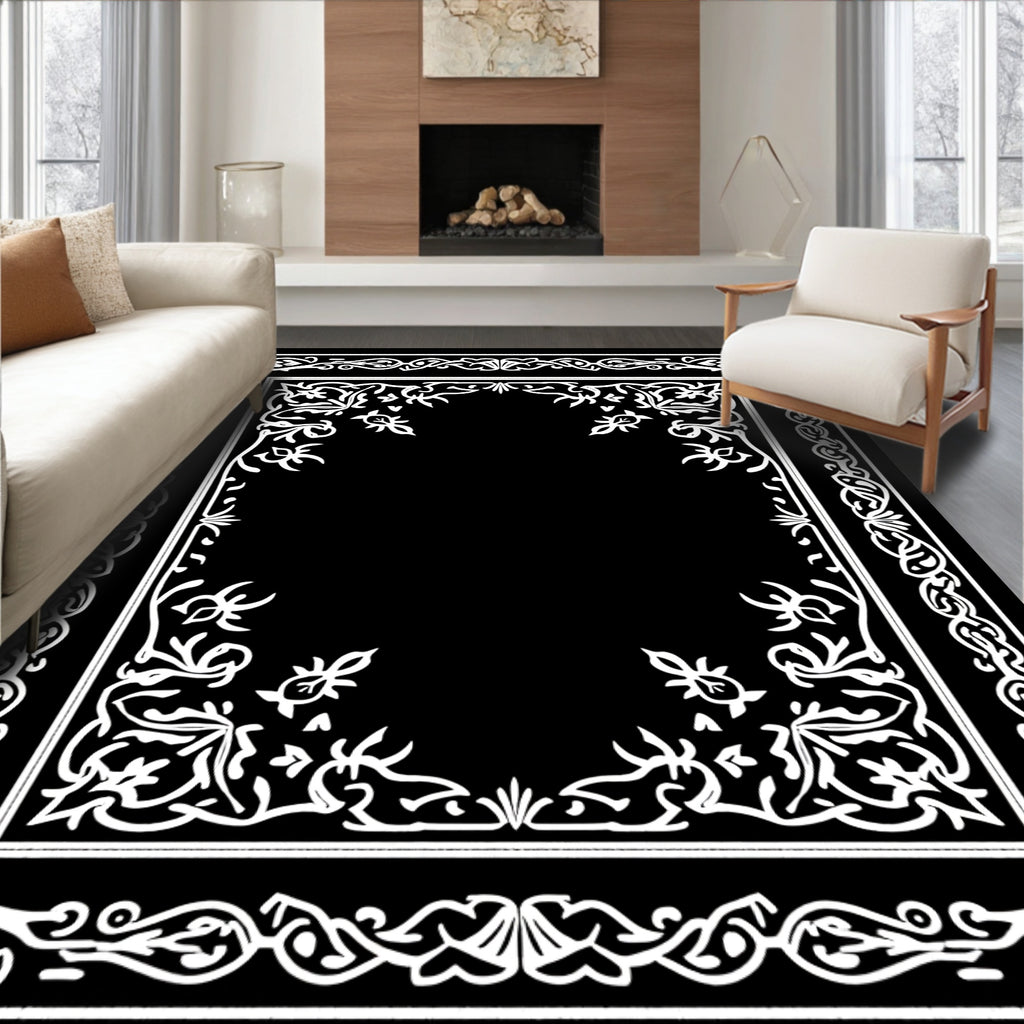 Ornate White Floral Border Rug