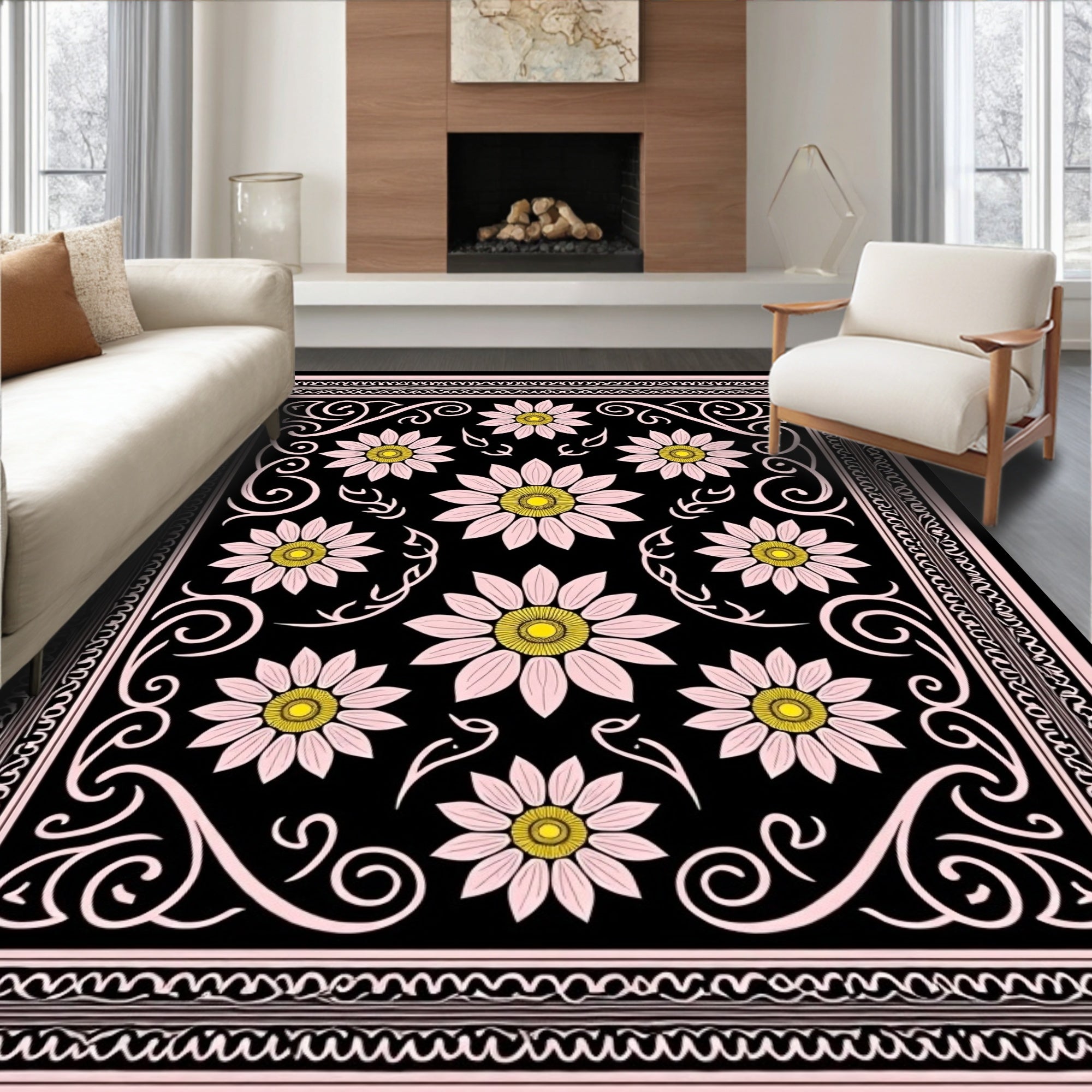 Pink Daisy Floral Scroll Design Rug