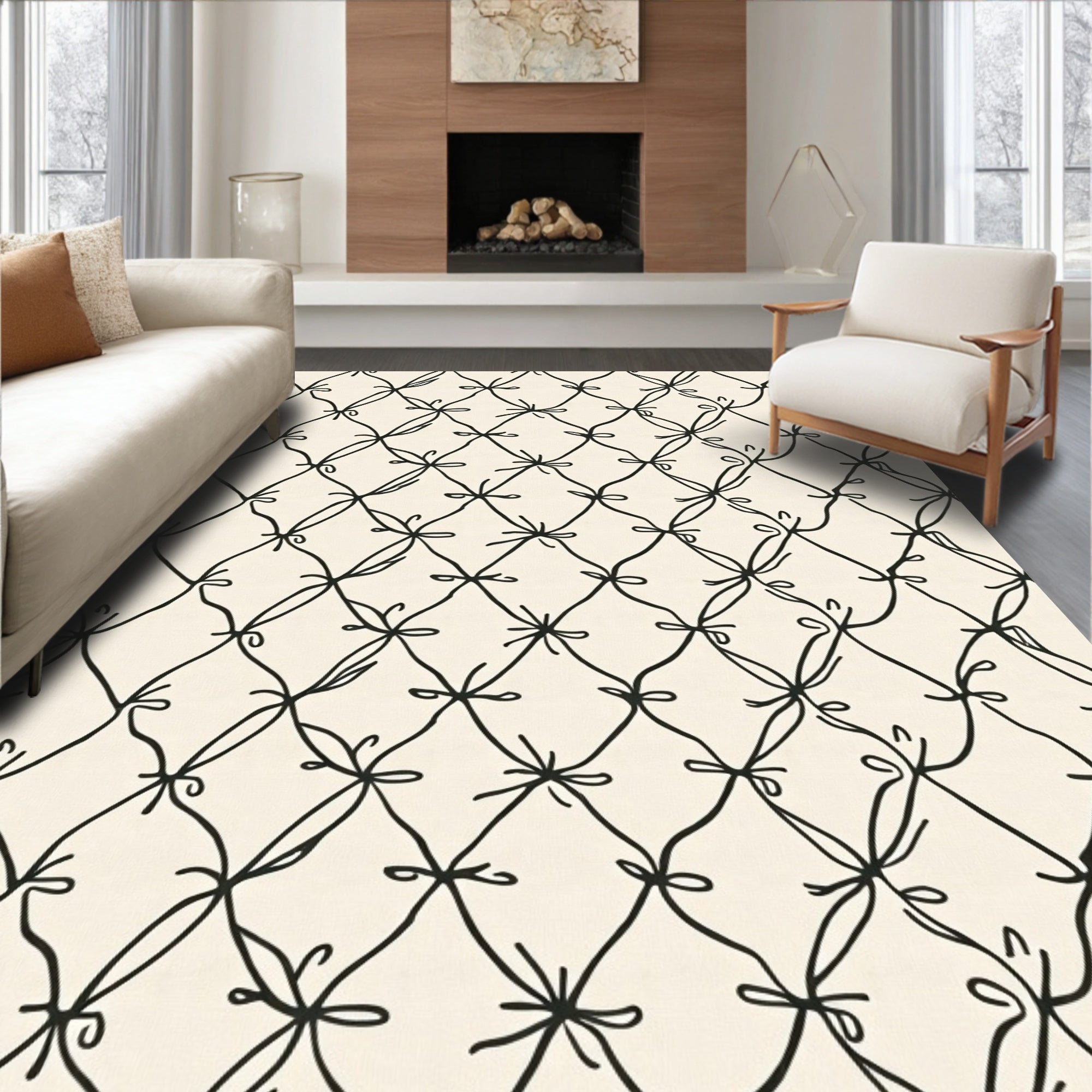 Black Ribbon Bow Lattice Pattern Rug