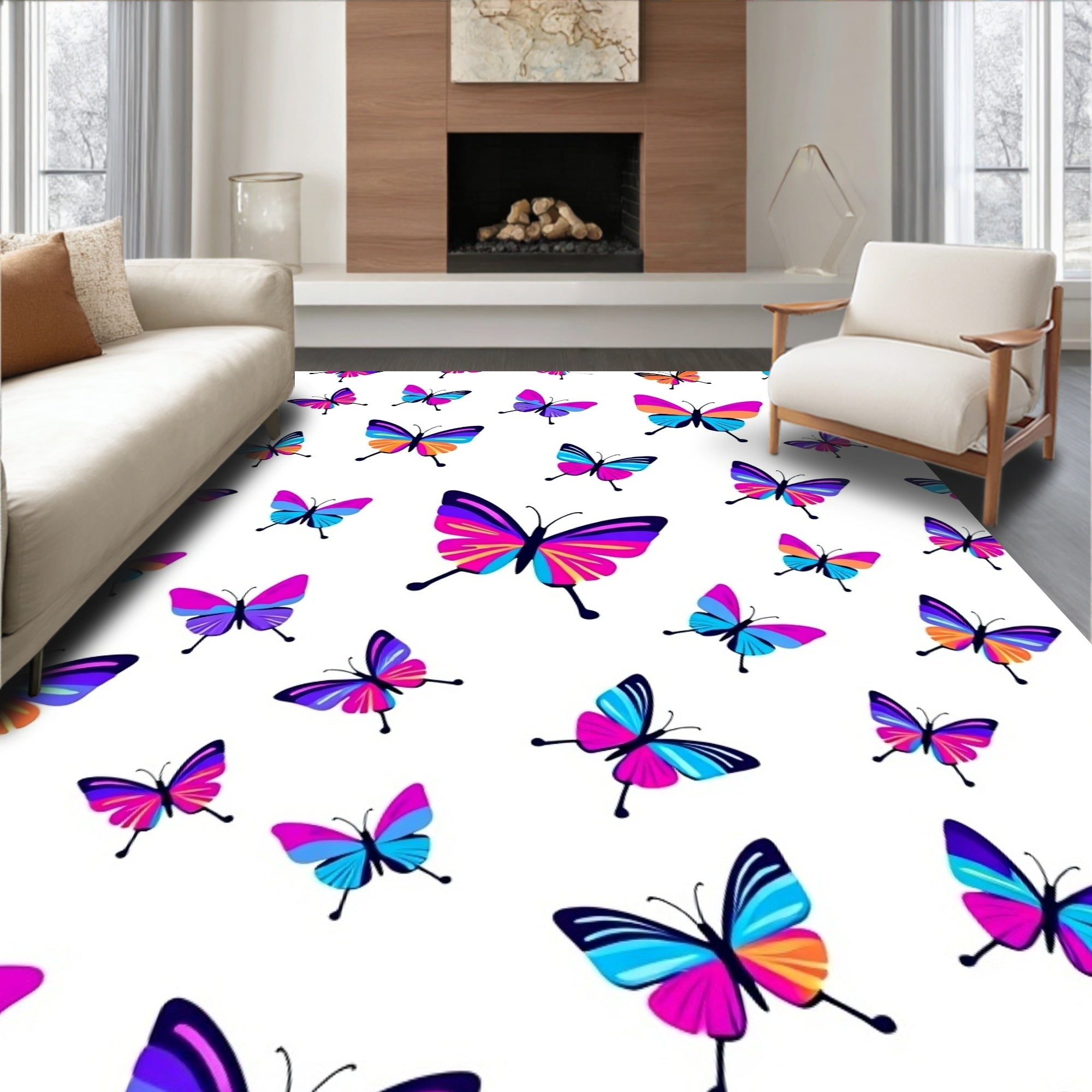 Vibrant Multi Colored Butterfly Pattern Rug