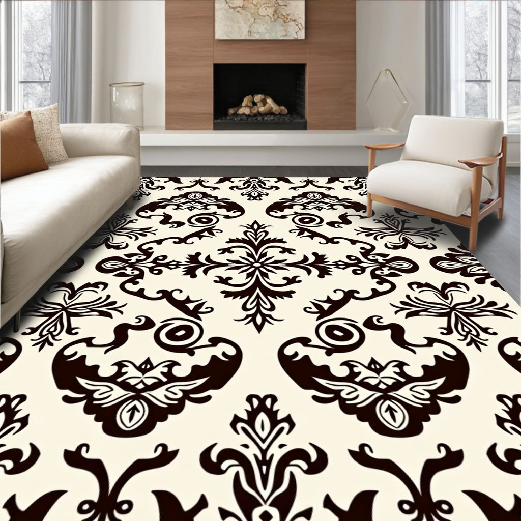 Ornate Black Damask Floral Ivory Rug
