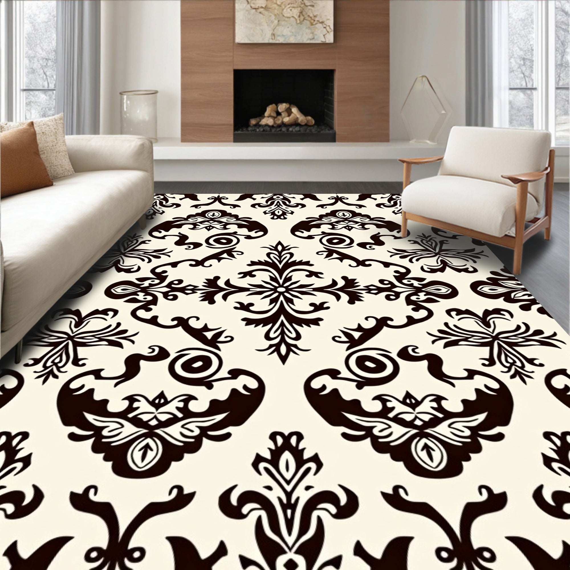 Ornate Black Damask Floral Ivory Rug