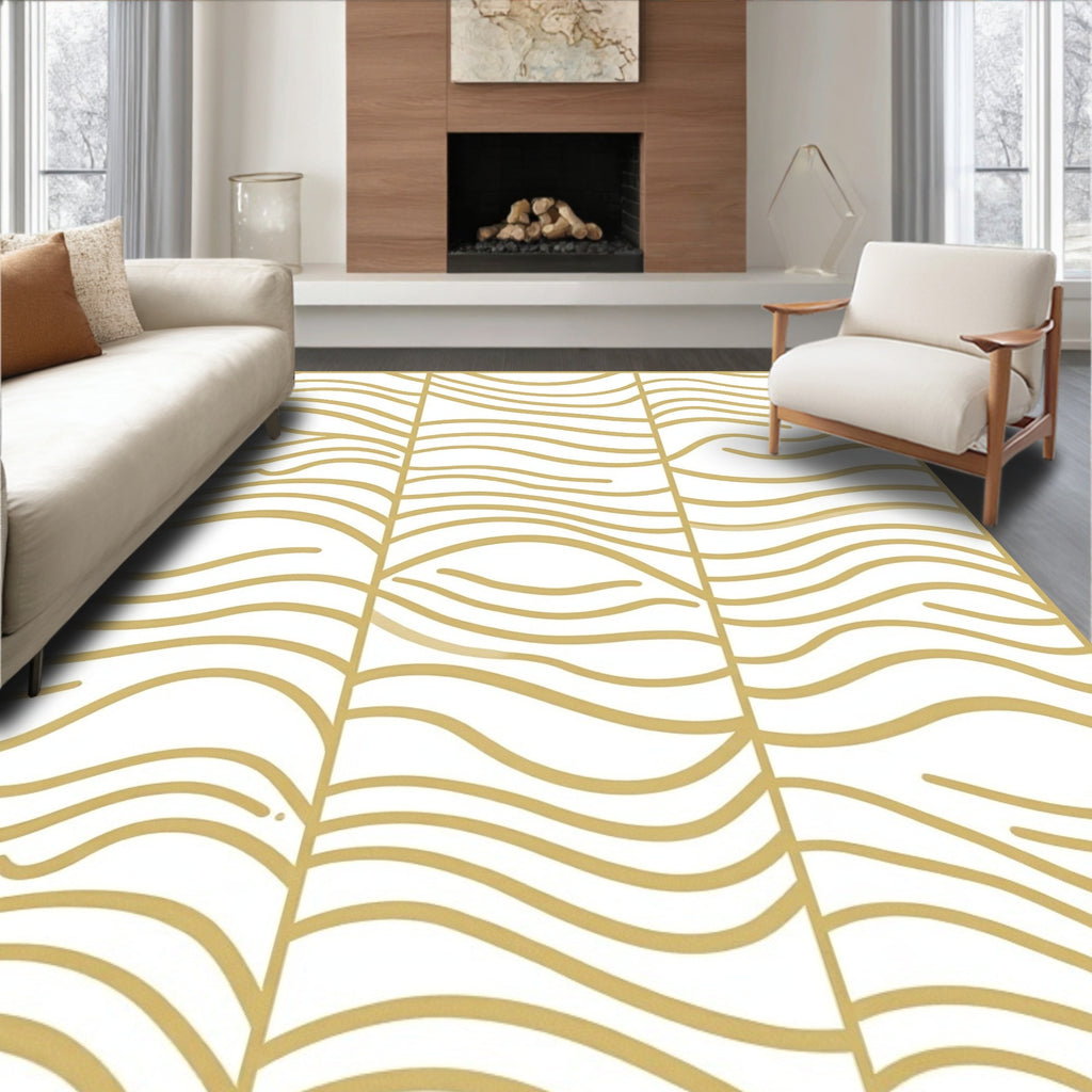 Abstract Golden Wavy Lines Rug