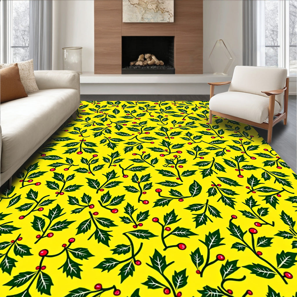 Festive Green Leaf Red Berry Pattern Rug