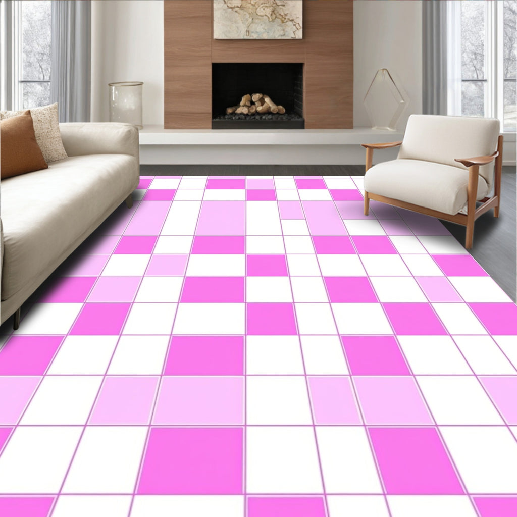 Playful Pink White Grid Pattern Rug