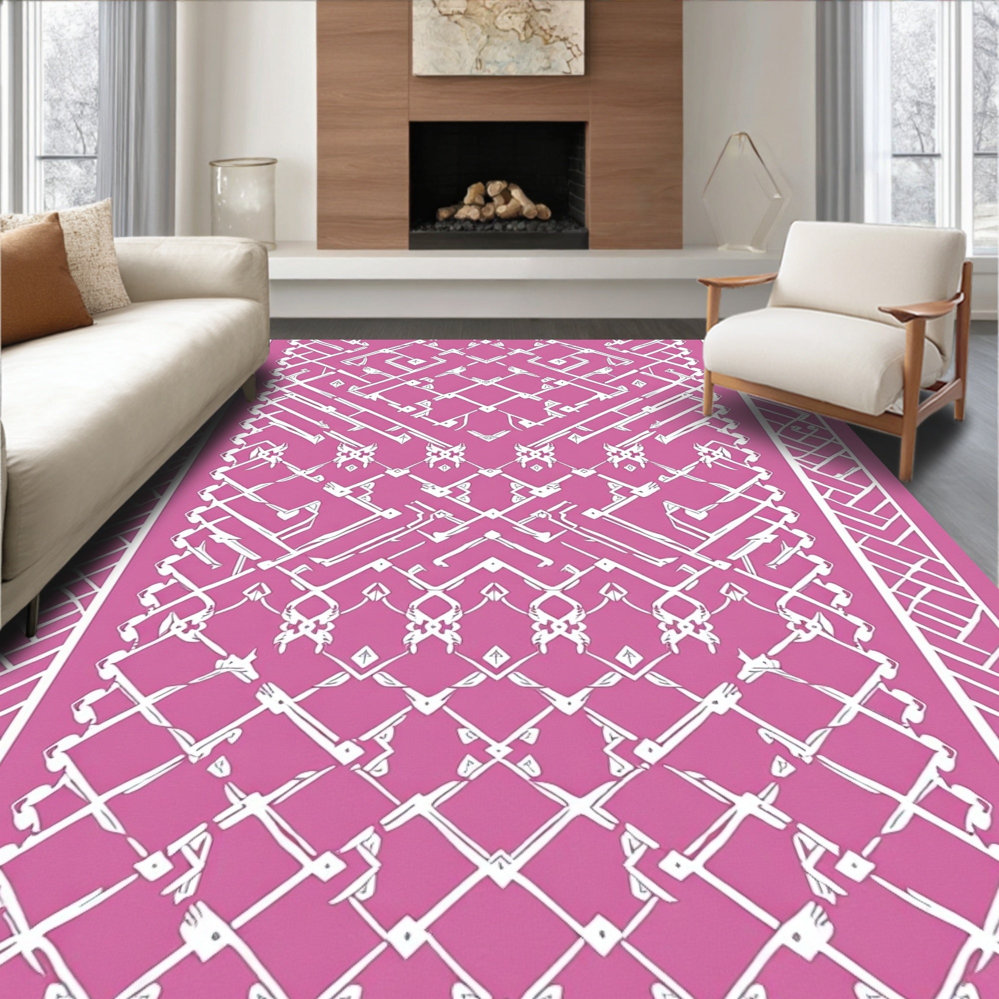 Pink White Symmetric Geometric Lattice Rug