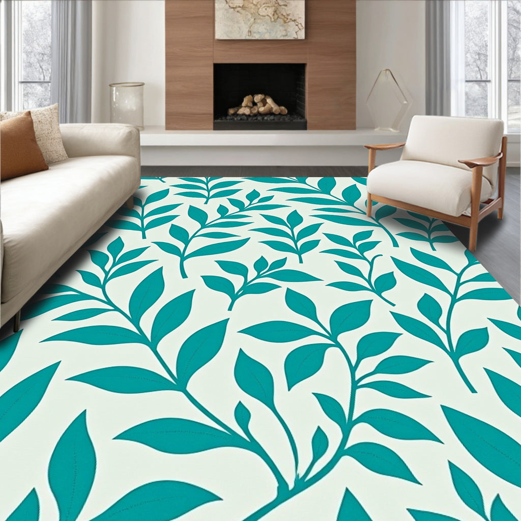 Teal Leaf Pattern Natural Texture Rug