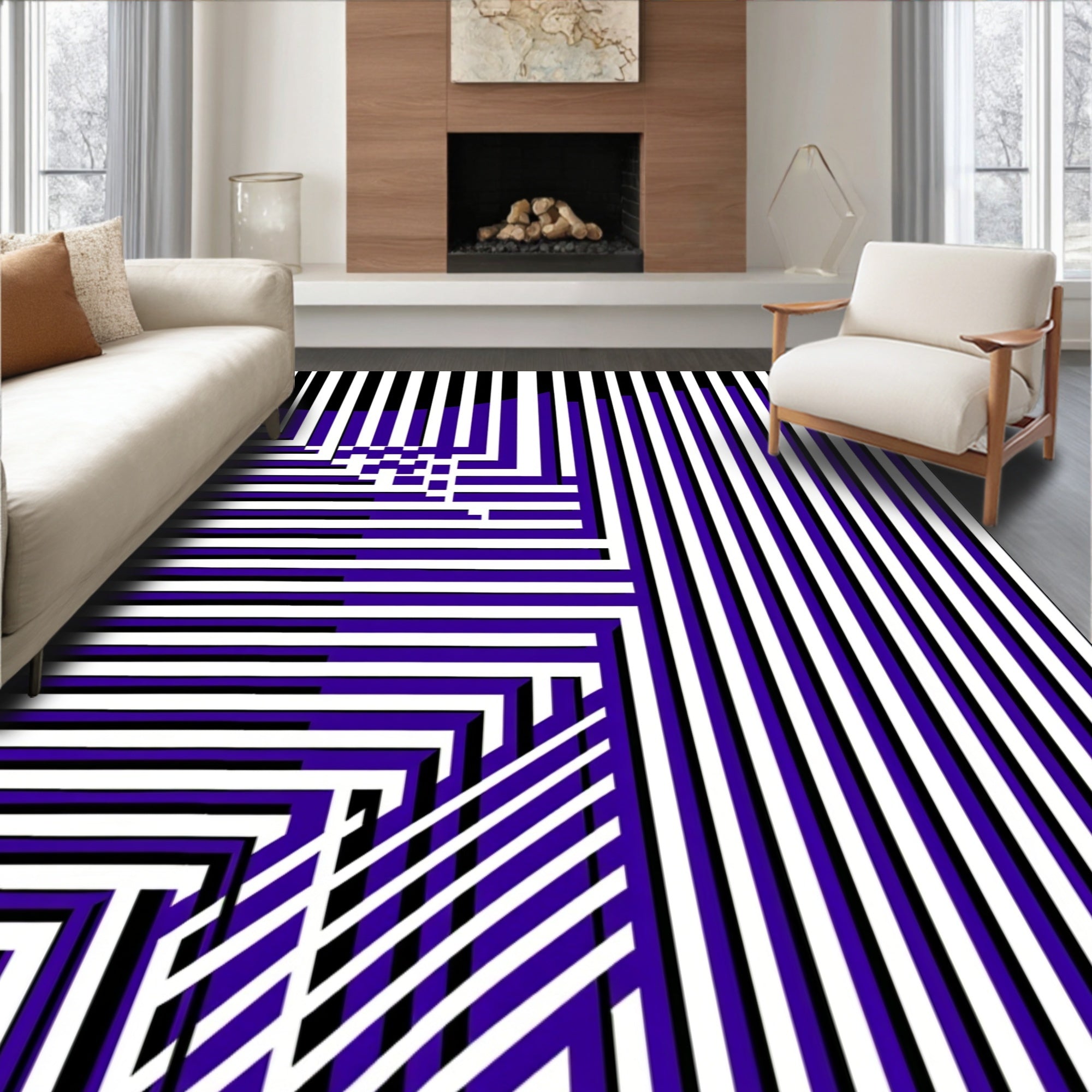 Bold Purple White Striped Geometric Rug