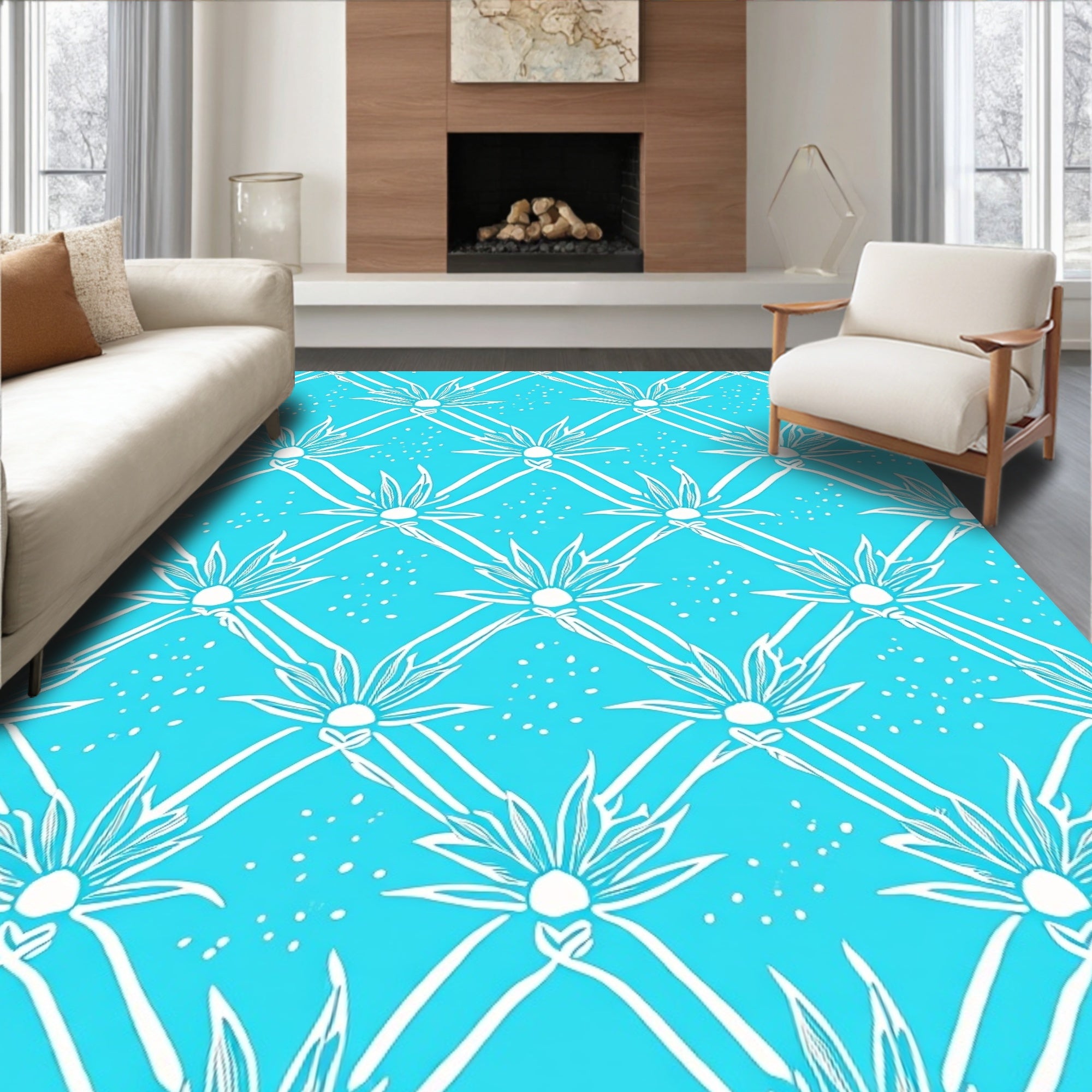 White Floral Diamond Pattern Rug