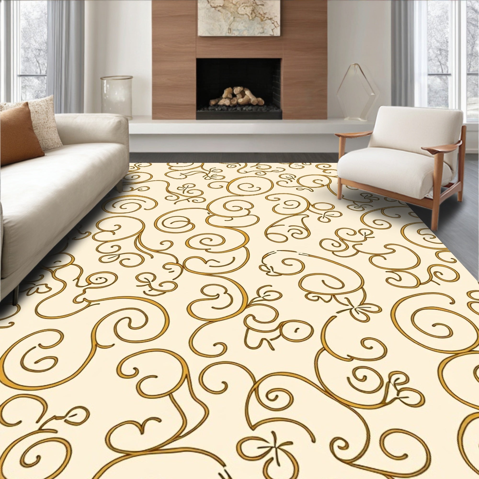 Golden Swirls Flourish Pattern Rug