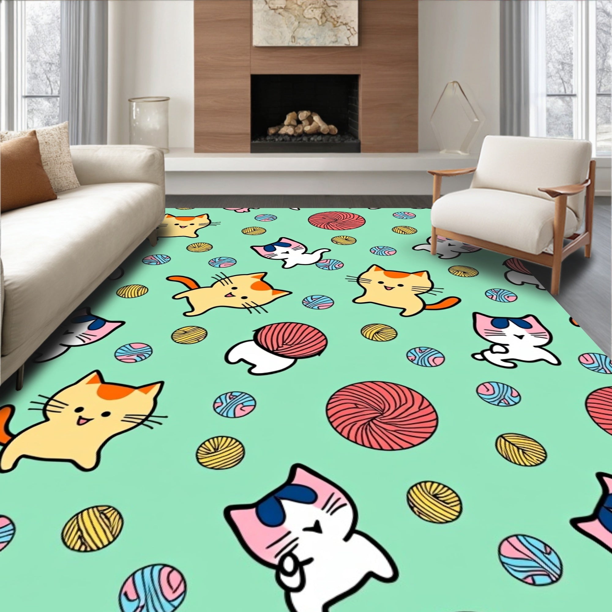 Cute Cats and Yarn Balls Pattern Rug