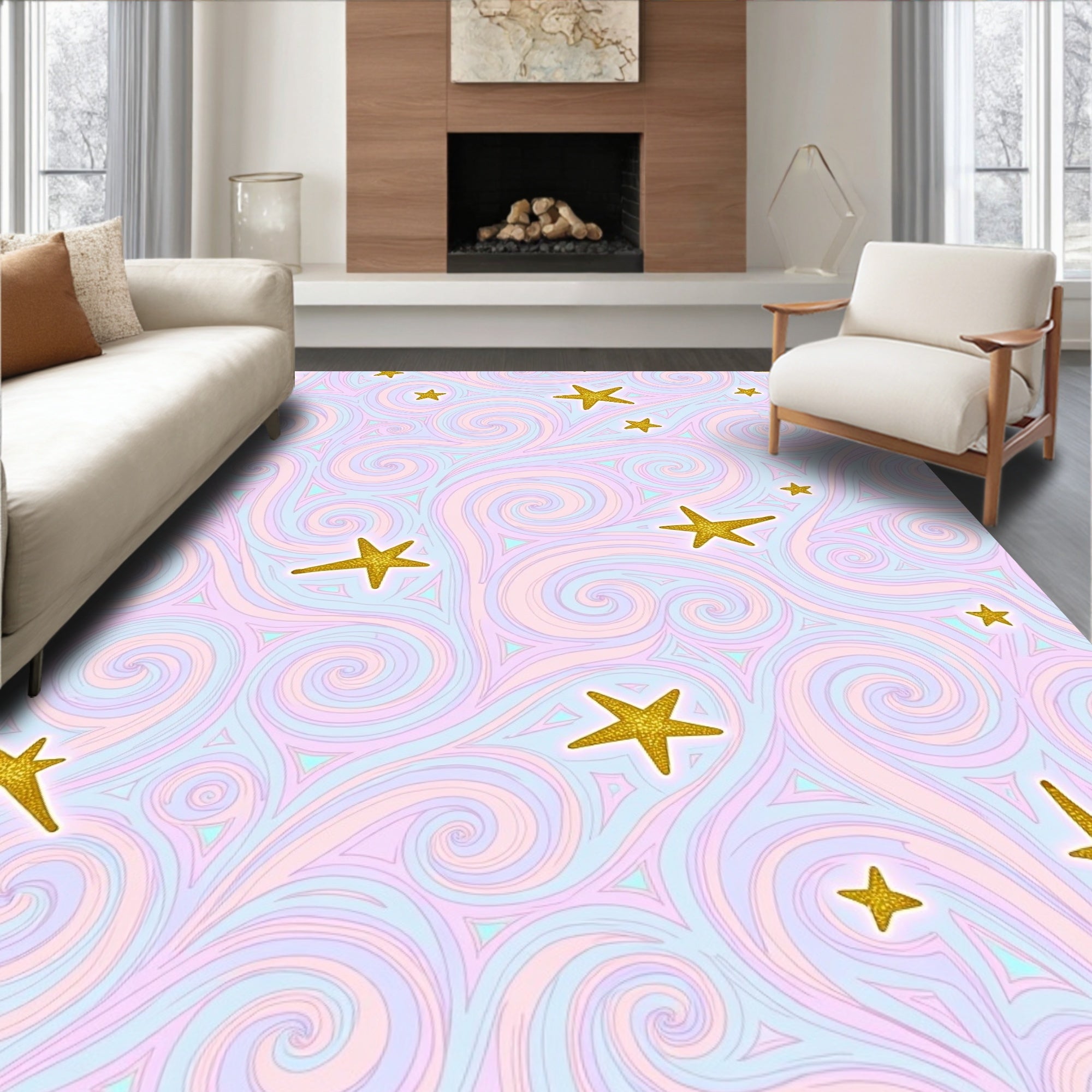 Golden Stars Swirl Pastel Pattern Rug