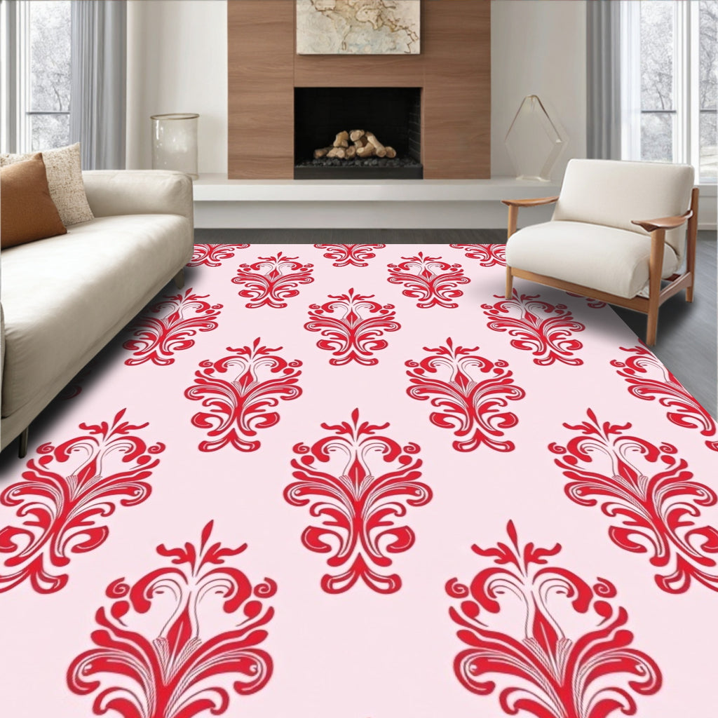 Red Floral Damask Allover Repeat Rug