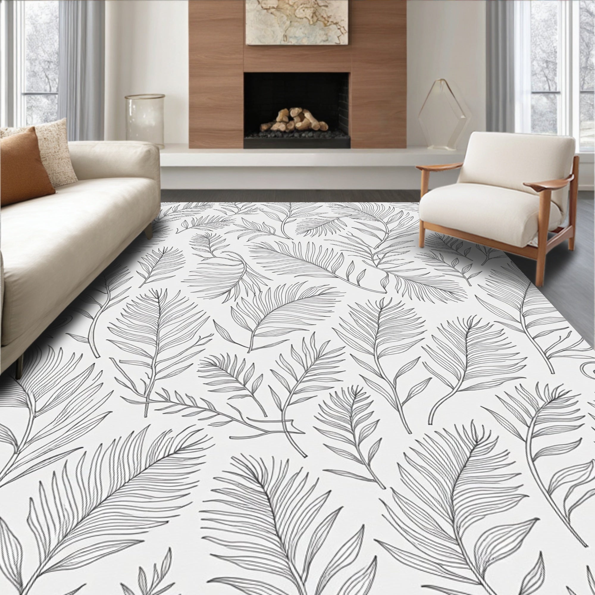 Line Art Botanical Leafy Pattern Rug