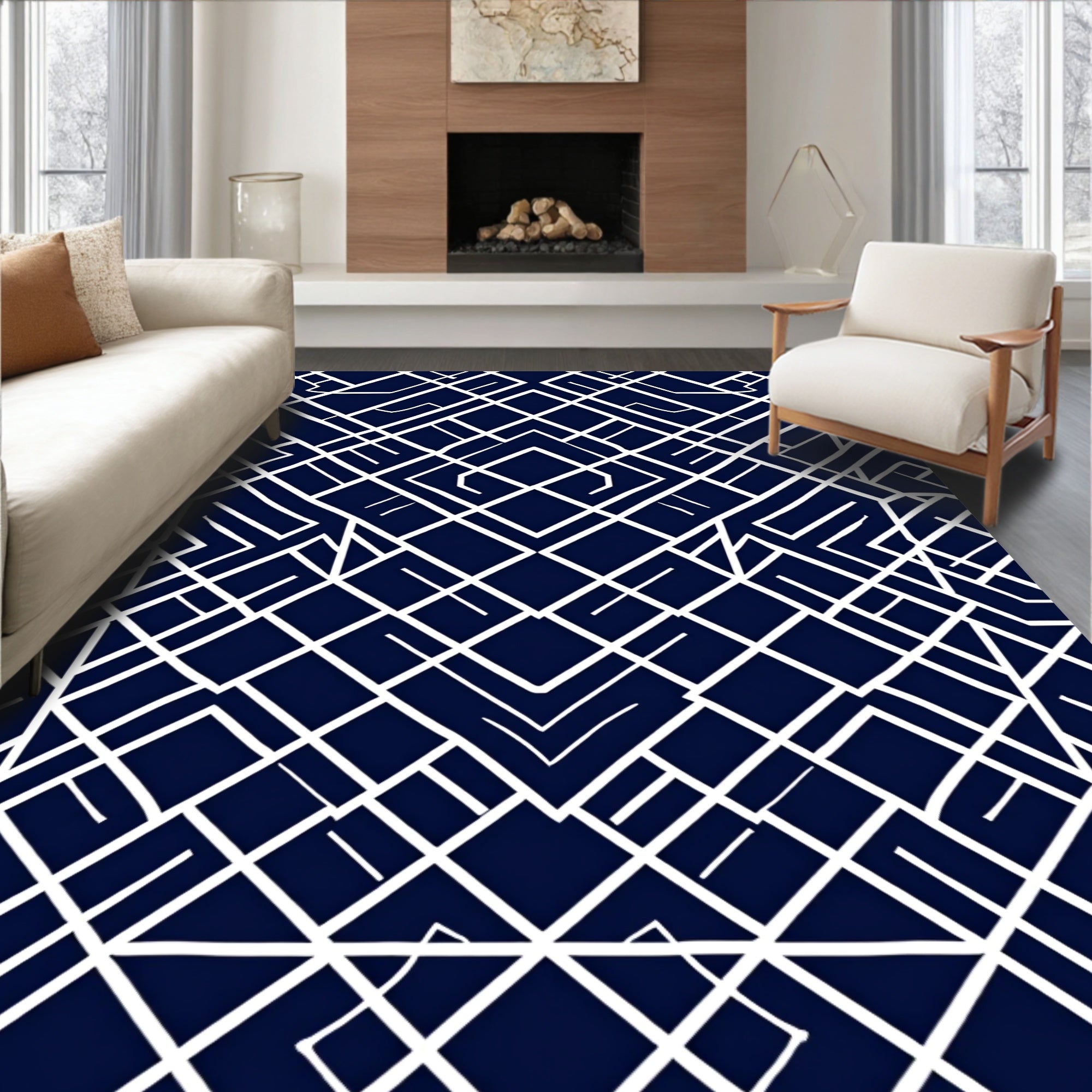 Art Deco Deep Blue Geometric Pattern Rug