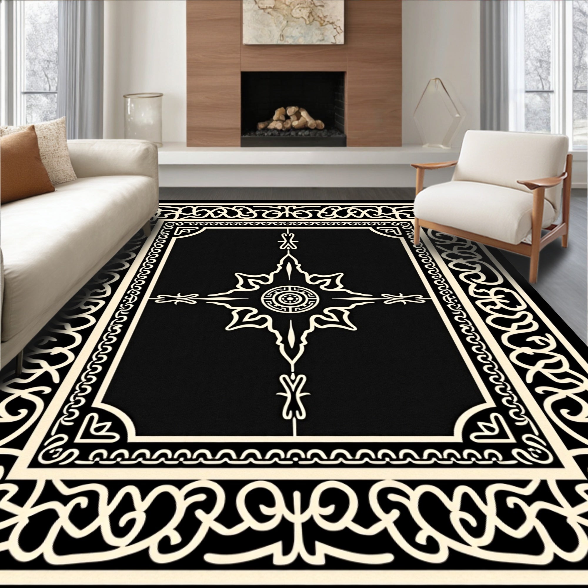 Ornate Black Cream Geometric Mandala Rug