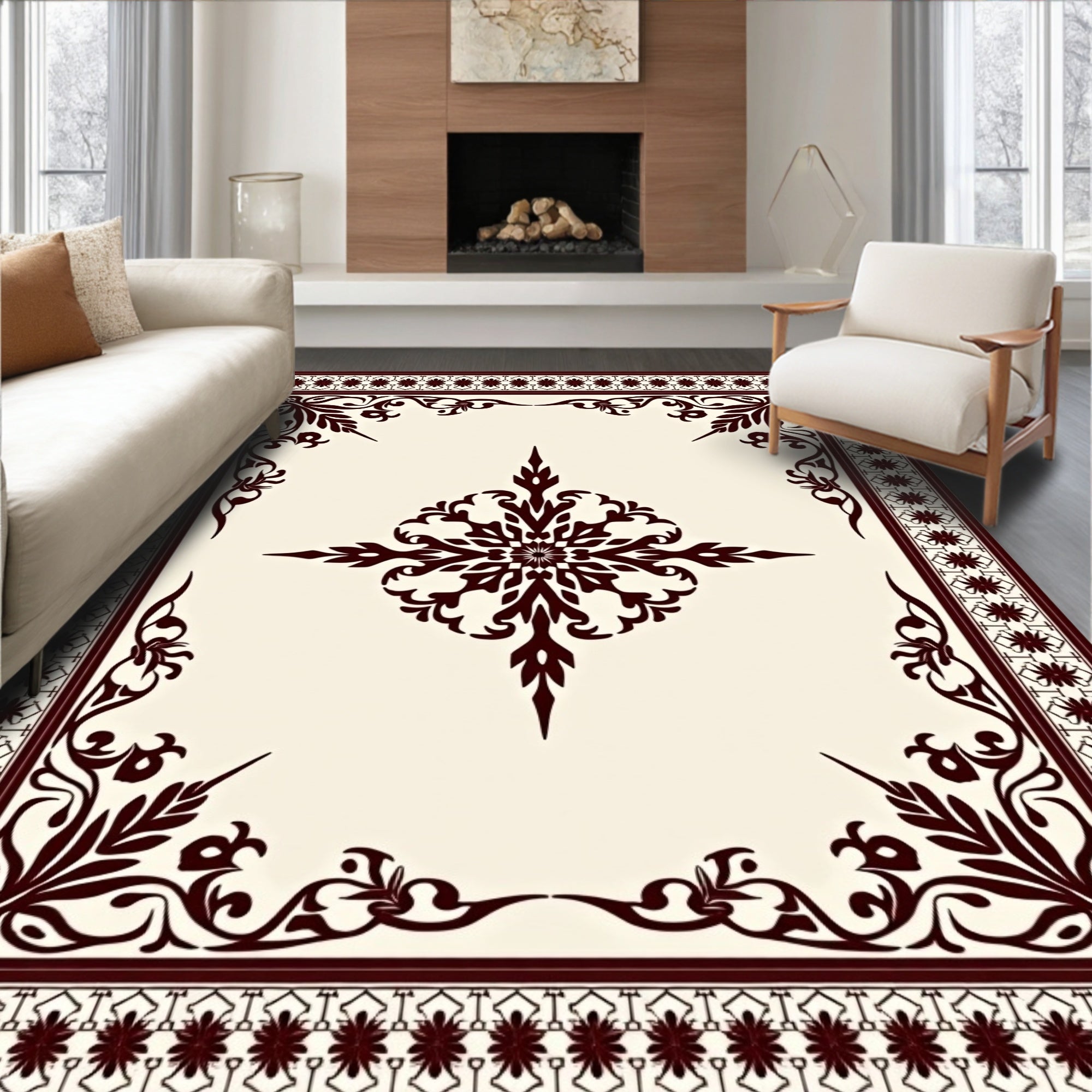 Elegant Burgundy Scrollwork Floral Rug