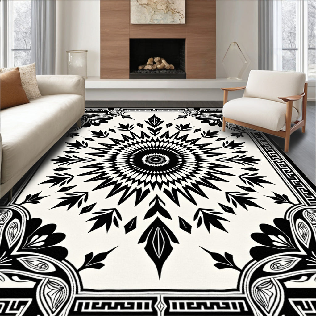 Black White Sunburst Geometric Pattern Rug