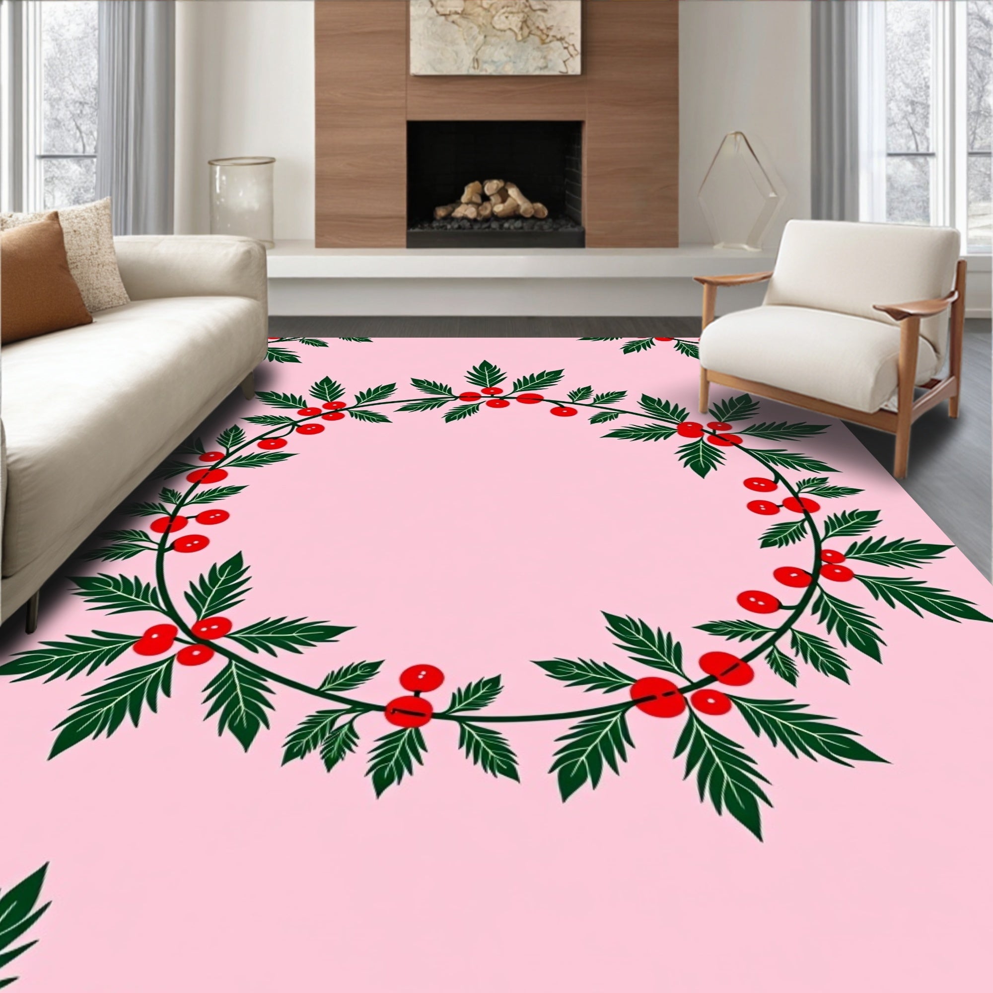 Festive Green Red Berry Garland Design Rug