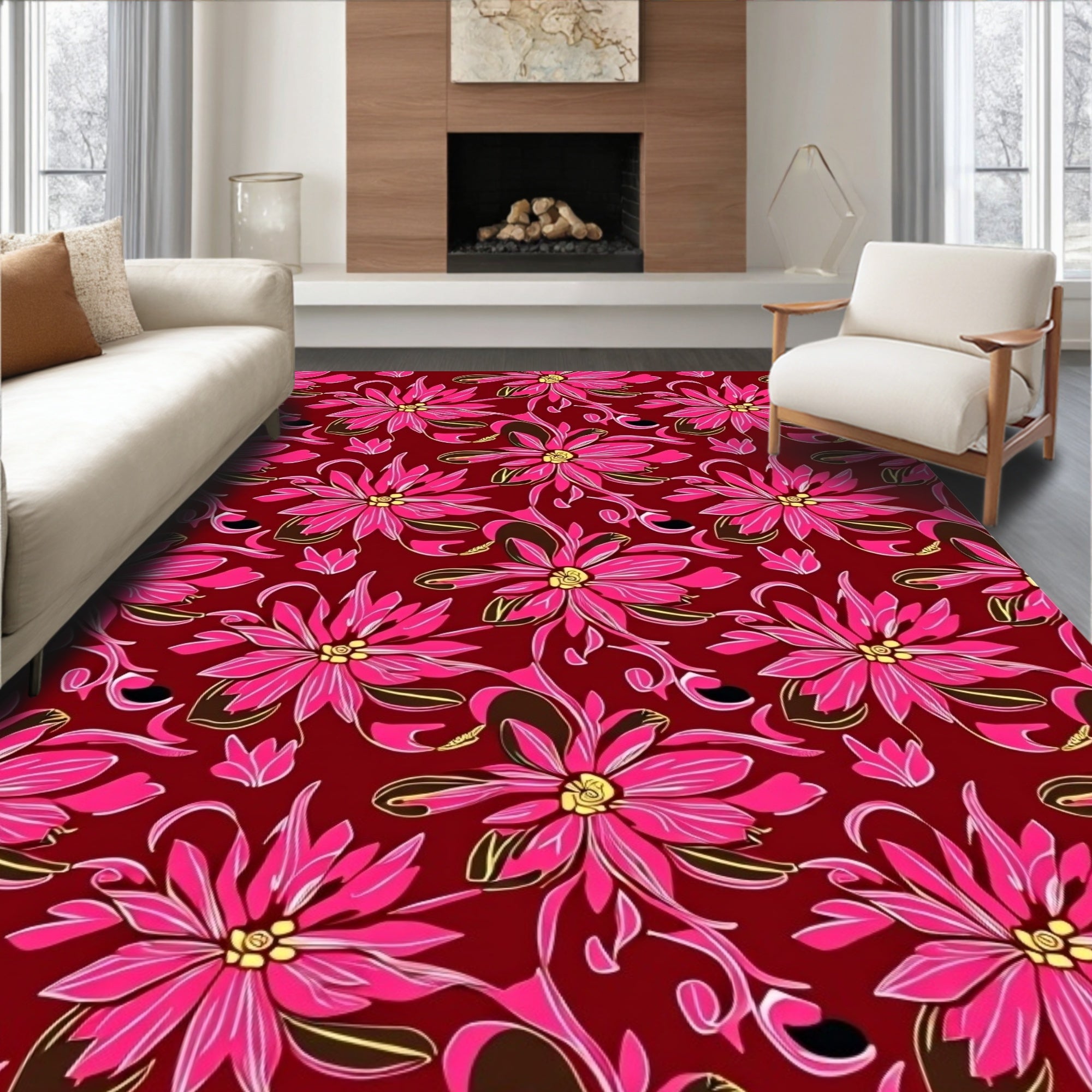 Vibrant Pink Floral Swirl Pattern Rug