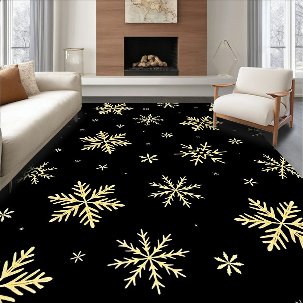 Golden Snowflake Black Winter Rug