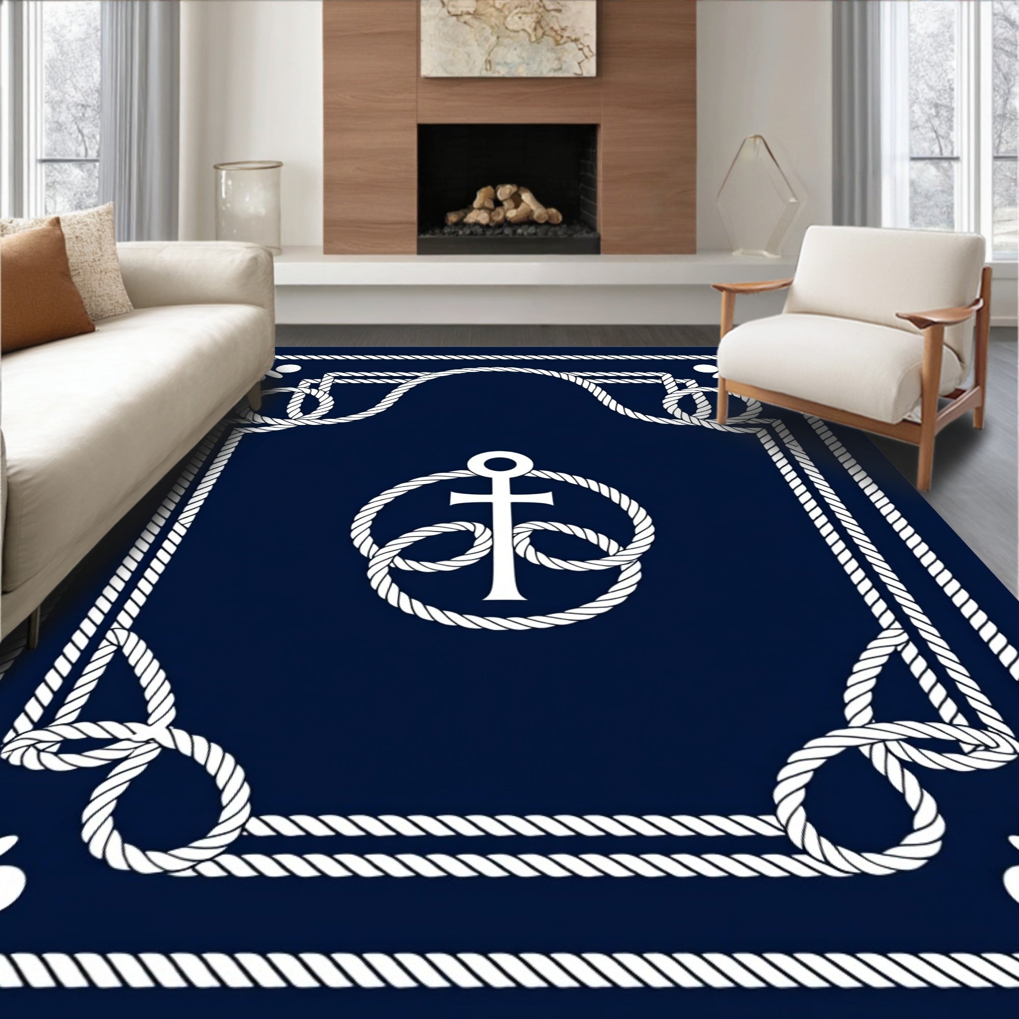 Nautical Anchor Rope Border Design Rug